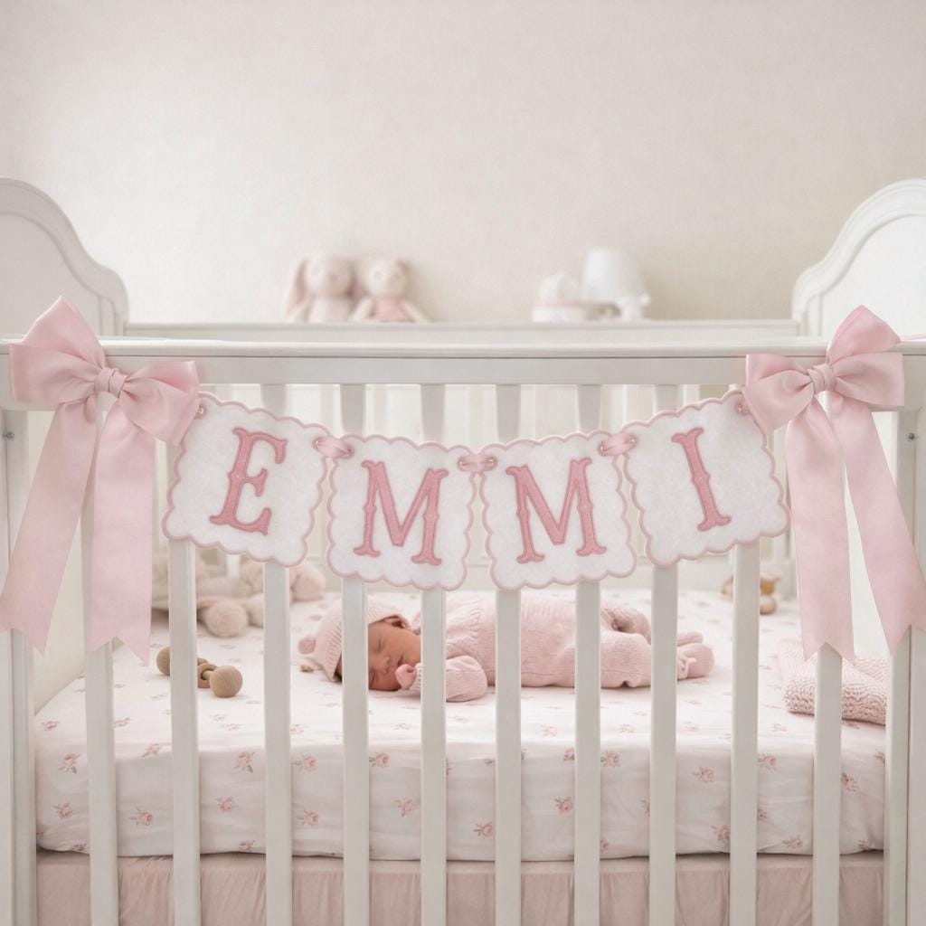 Custom Baby Name Banner, Fabric Nursery Garland for Newborn, Embroidered Scalloped Name Sign, Baby Shower Decor, Personalized Keepsake