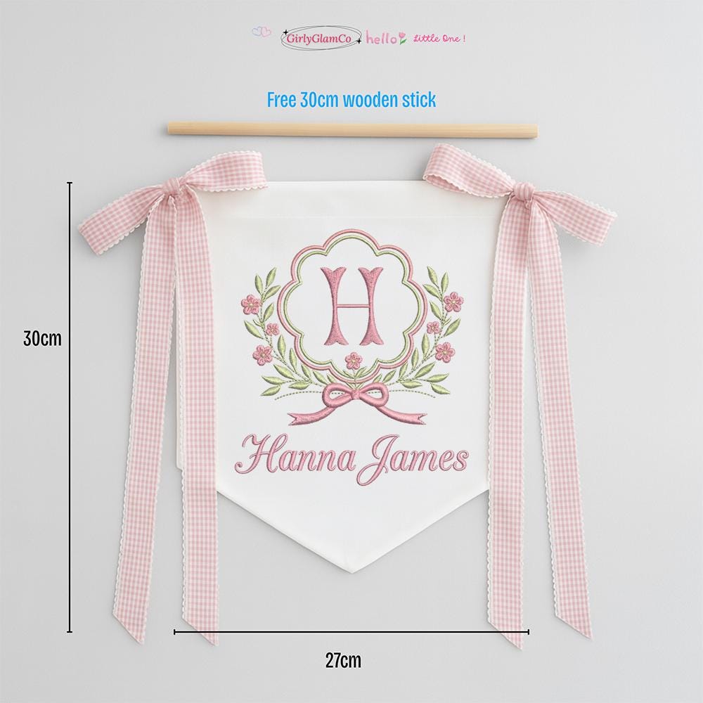 Floral Crest Gingham Baby Sign, Personalized Monogram Embroidered Plaque, Newborn Hospital Nursery Gift