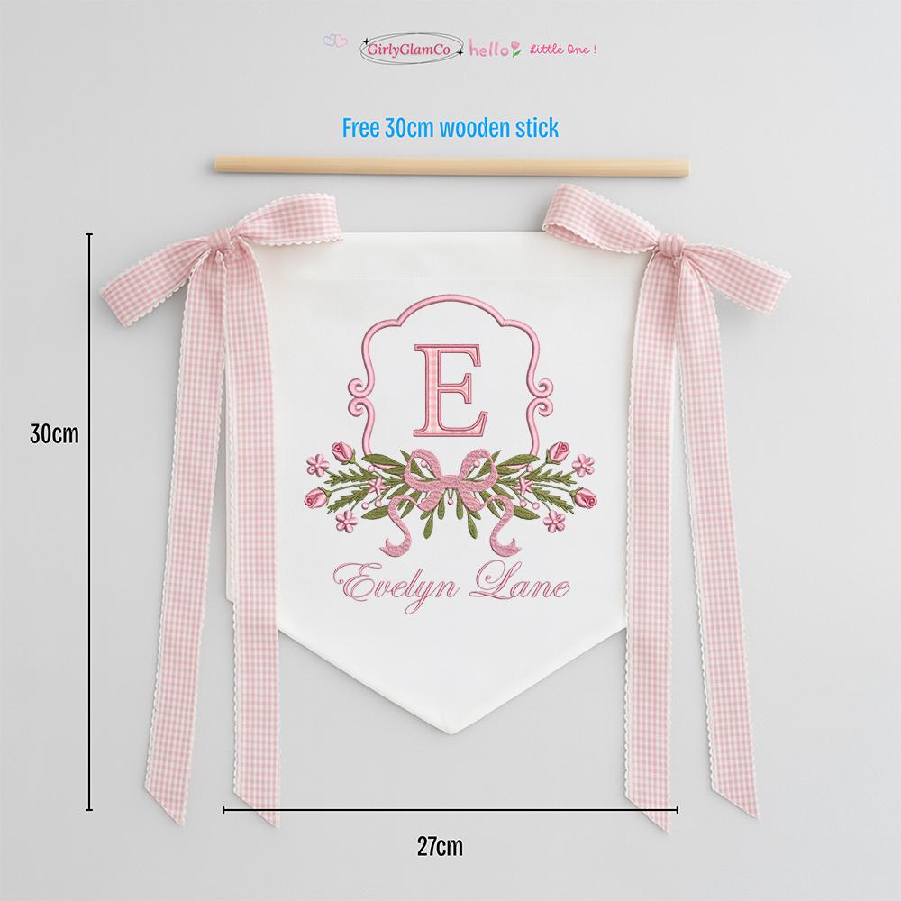 Personalized Baby Name Sign, Embroidered Monogram Pennant for Nursery, Custom Hospital Door Hanger with Bows, Baby Girl Newborn Gift