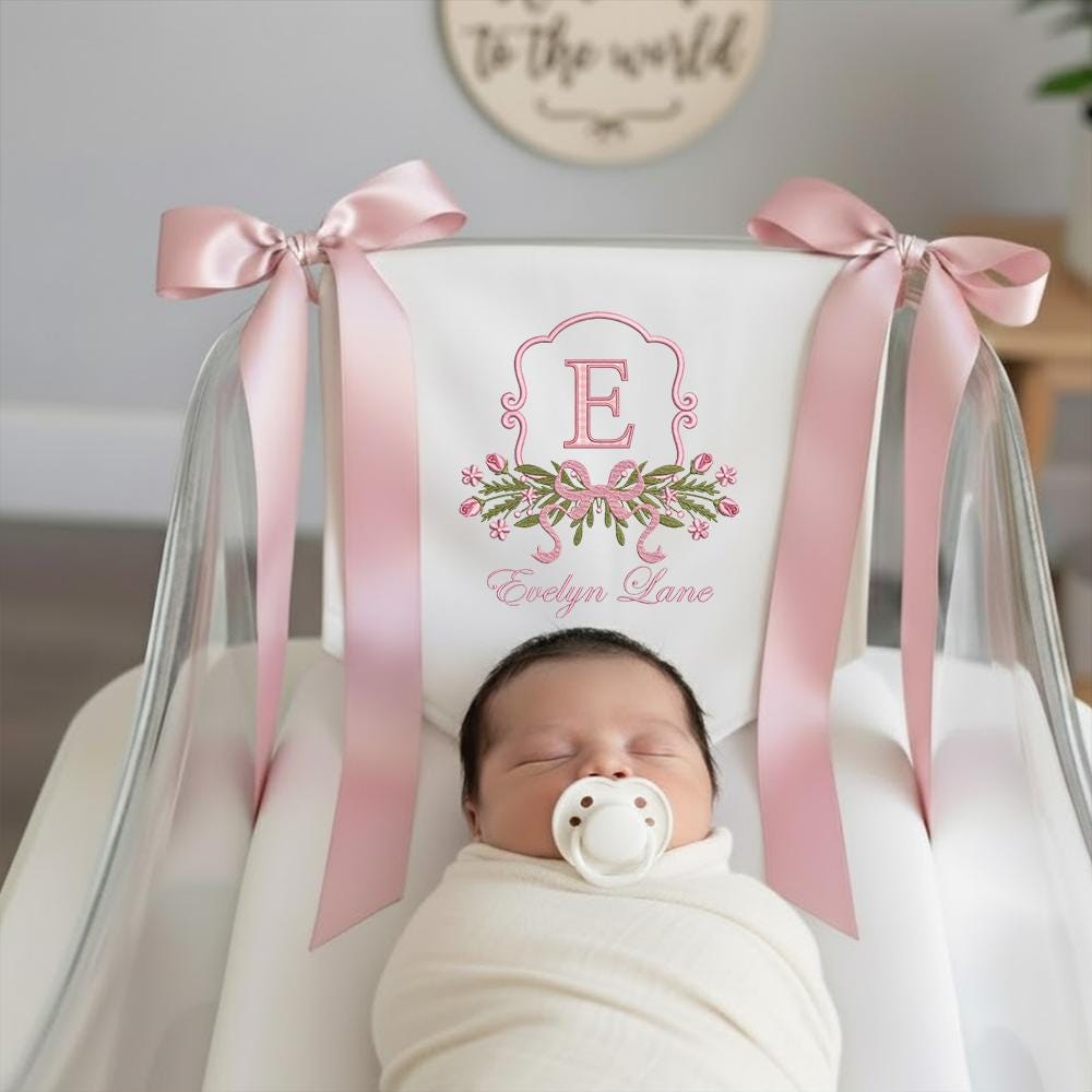 Personalized Baby Name Sign, Embroidered Monogram Pennant for Nursery, Custom Hospital Door Hanger with Bows, Baby Girl Newborn Gift