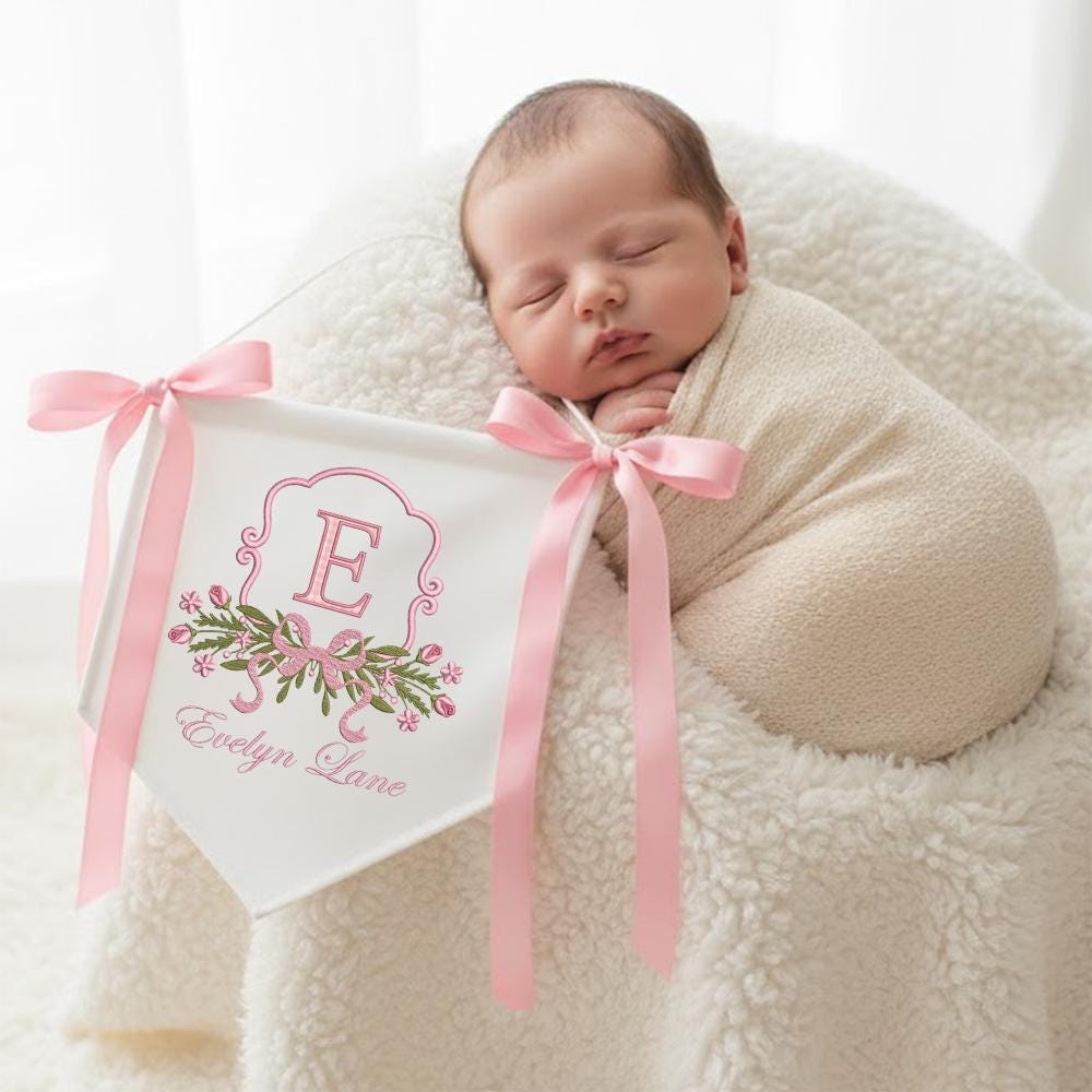 Personalized Baby Name Sign, Embroidered Monogram Pennant for Nursery, Custom Hospital Door Hanger with Bows, Baby Girl Newborn Gift