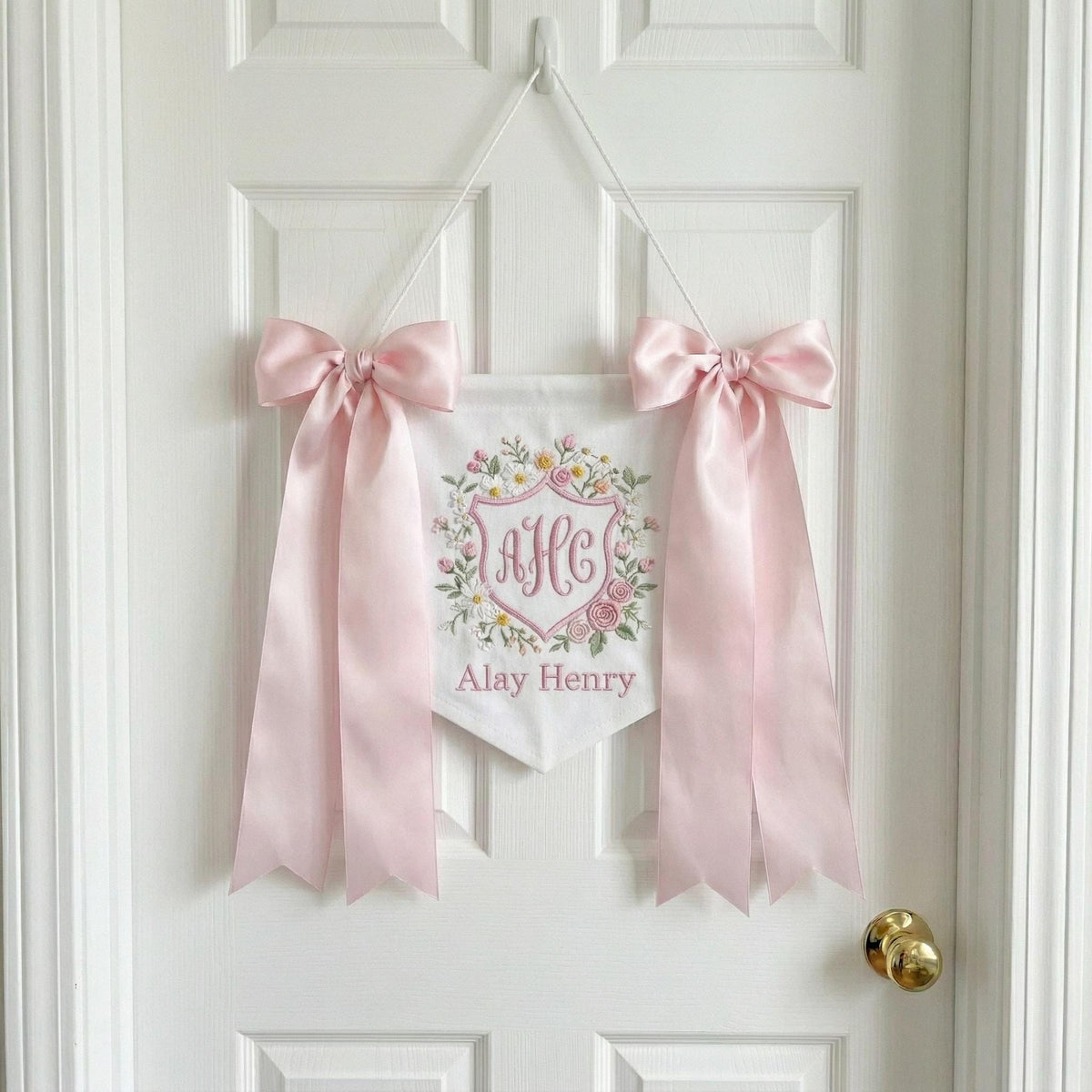Personalized Baby Name Banner with Floral, Custom Nursery Crib Banner, Embroidered Baby Name Sign,Newborn Photo Prop Decor,Baby Shower Gift