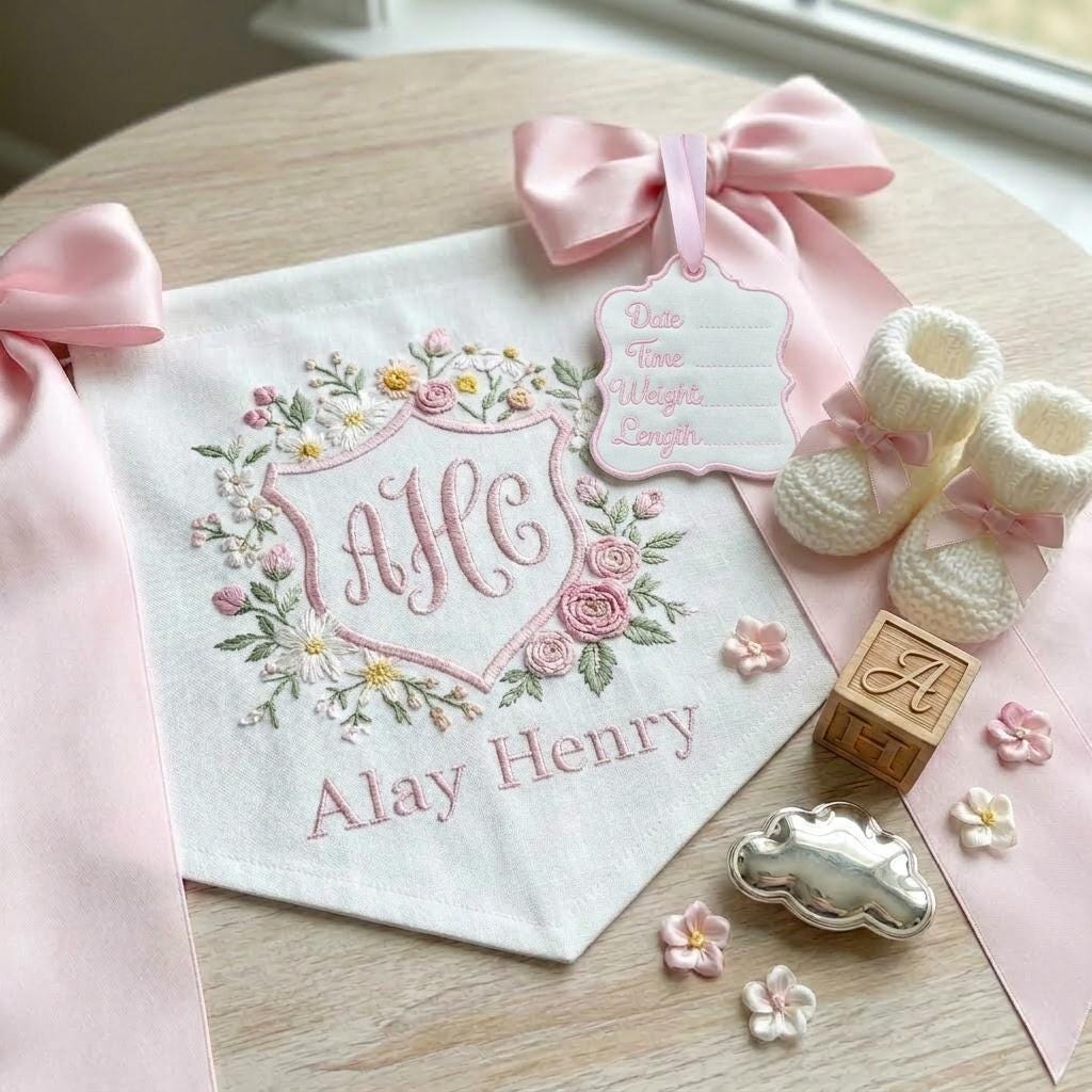 Personalized Baby Name Banner with Floral, Custom Nursery Crib Banner, Embroidered Baby Name Sign,Newborn Photo Prop Decor,Baby Shower Gift