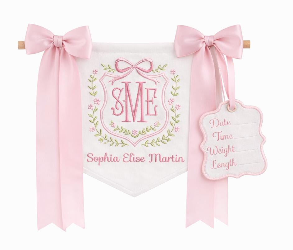 Personalized Baby Name Banner with Floral, Custom Nursery Crib Banner, Embroidered Baby Name Sign,Newborn Photo Prop Decor,Baby Shower Gift