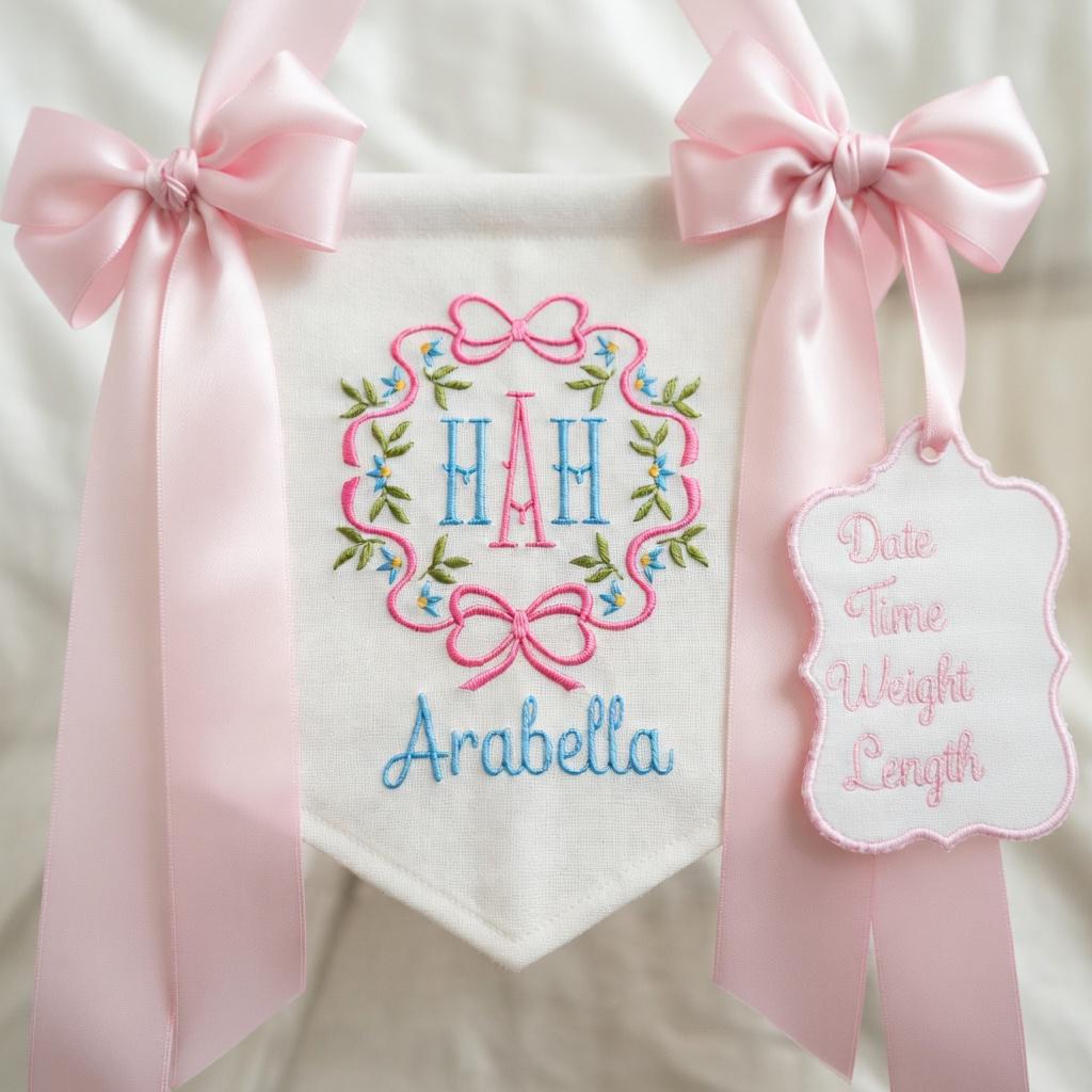 Personalized Floral Embroidered Baby Name Banner Nursery Decor
