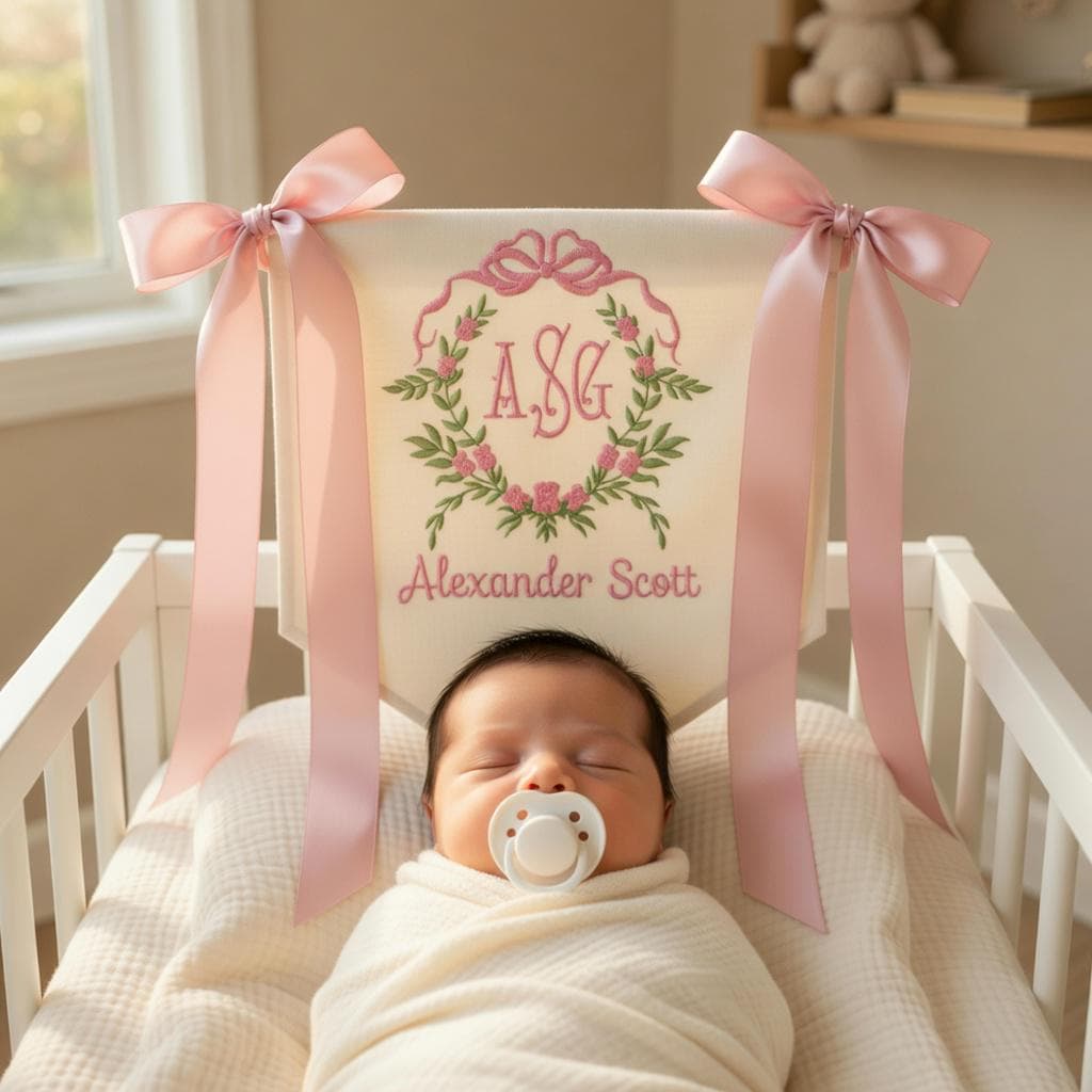 Custom Baby Banner, Welcome Banner with Floral Crest, Bows Baby Banner, Hospital Door Sign, Baby Shower Gifts, Newborn Gifts, Baby Girl