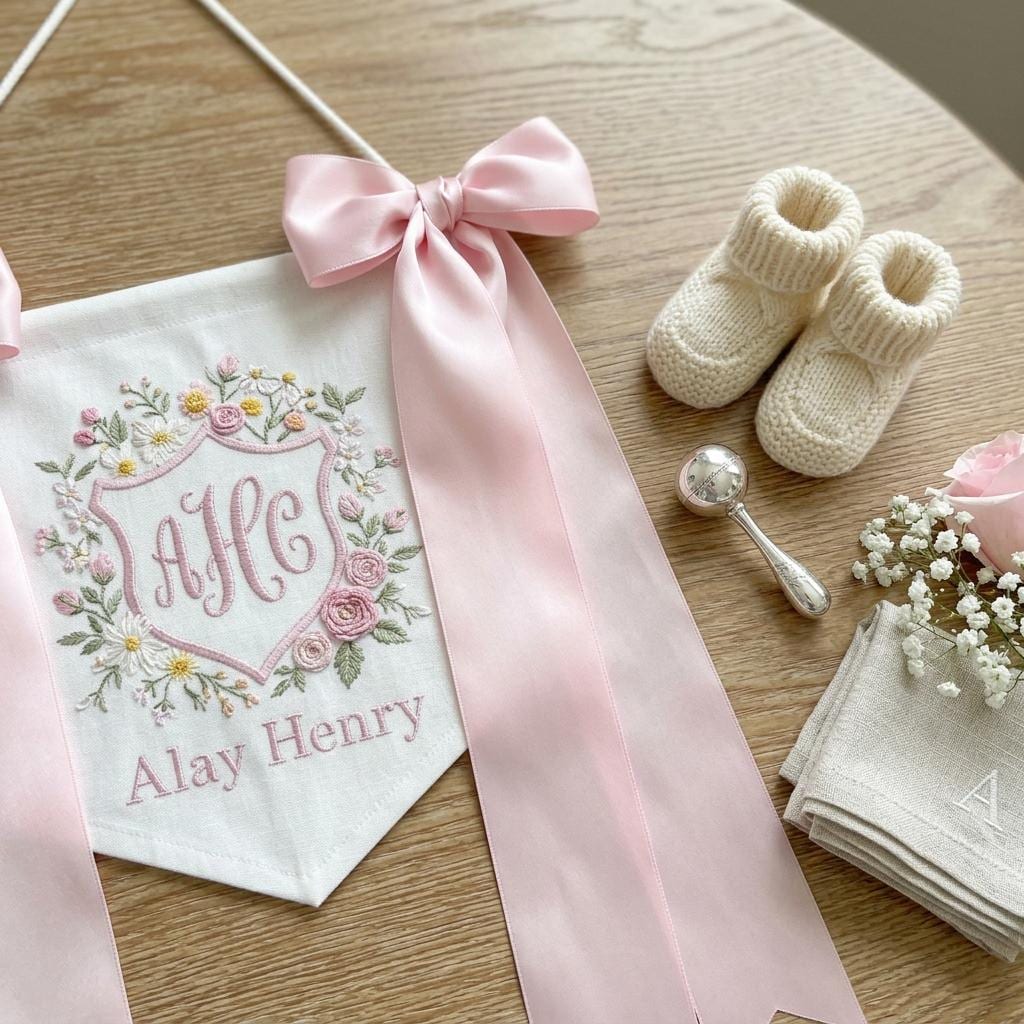 Personalized Baby Name Banner with Floral, Custom Nursery Crib Banner, Embroidered Baby Name Sign,Newborn Photo Prop Decor,Baby Shower Gift