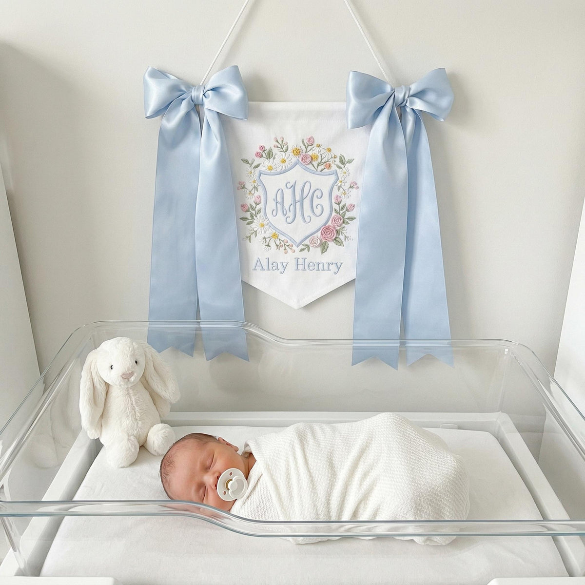 Personalized Baby Name Banner with Floral, Custom Nursery Crib Banner, Embroidered Baby Name Sign,Newborn Photo Prop Decor,Baby Shower Gift