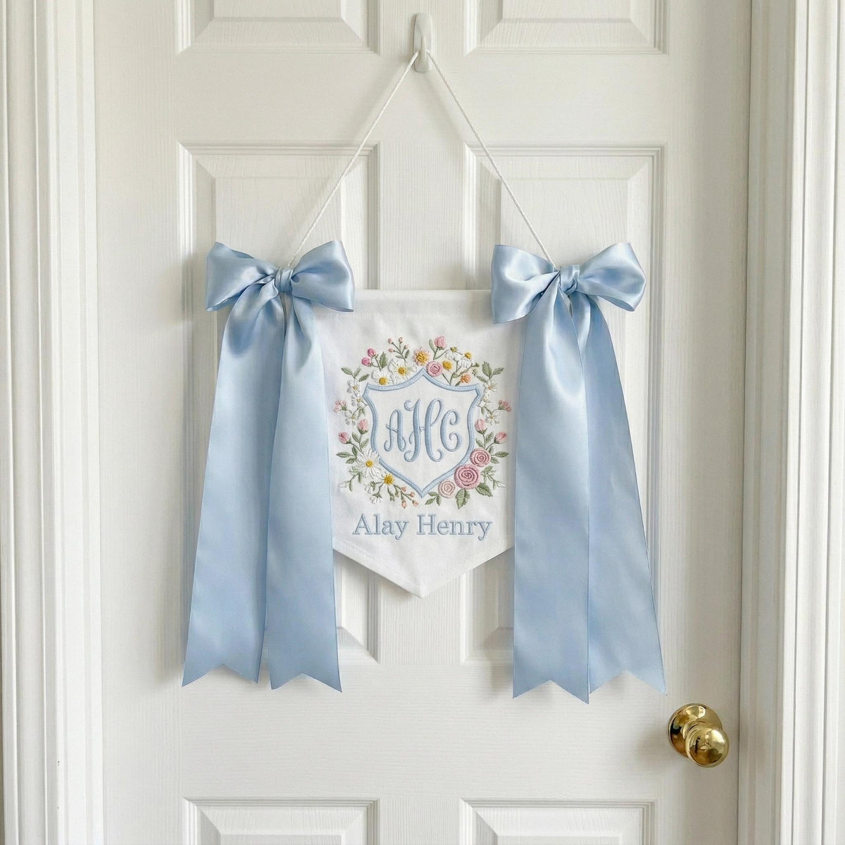 Personalized Baby Name Banner with Floral, Custom Nursery Crib Banner, Embroidered Baby Name Sign,Newborn Photo Prop Decor,Baby Shower Gift