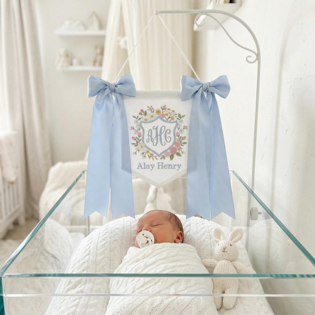 Personalized Baby Name Banner with Floral, Custom Nursery Crib Banner, Embroidered Baby Name Sign,Newborn Photo Prop Decor,Baby Shower Gift