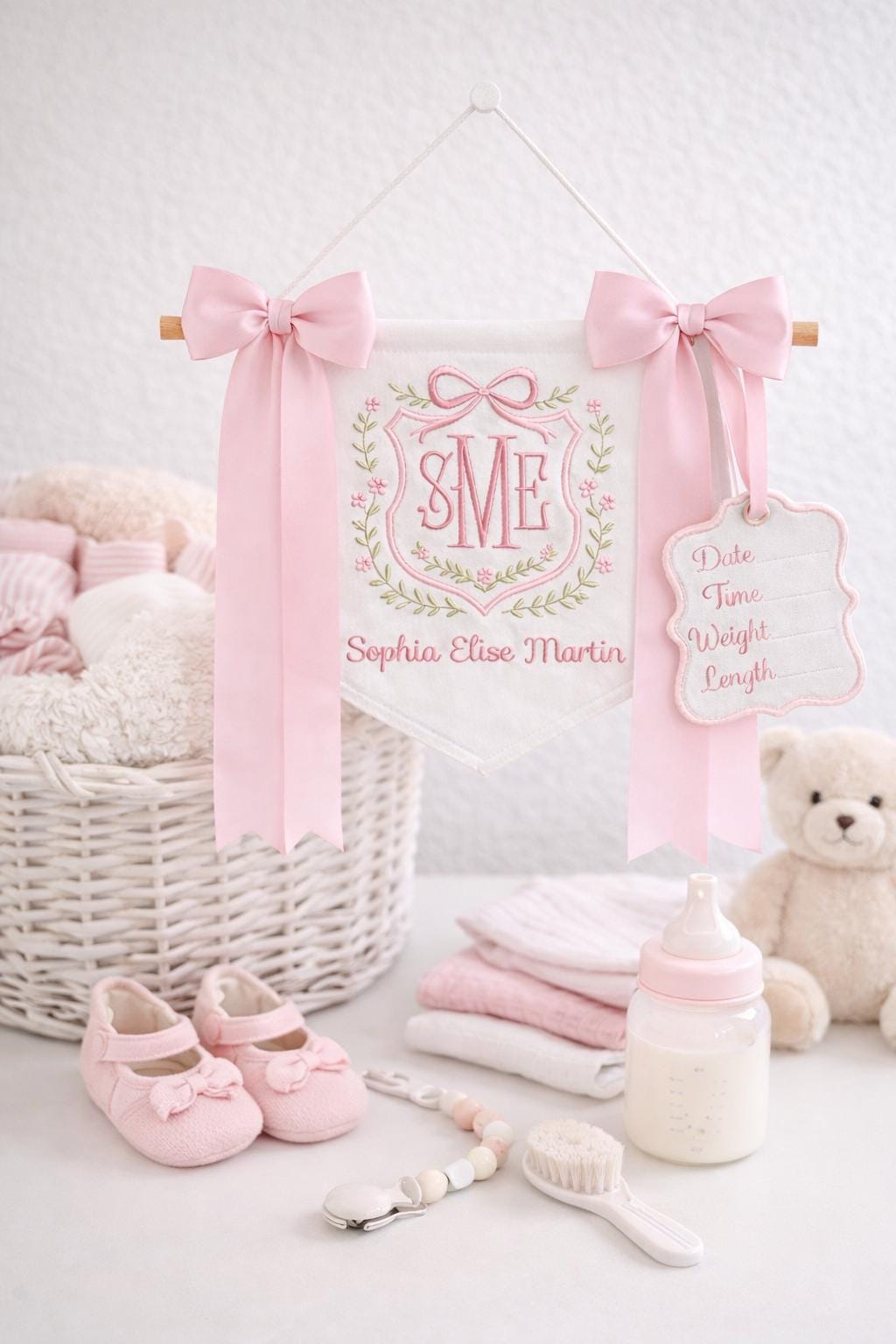 Personalized Baby Name Banner with Floral, Custom Nursery Crib Banner, Embroidered Baby Name Sign,Newborn Photo Prop Decor,Baby Shower Gift