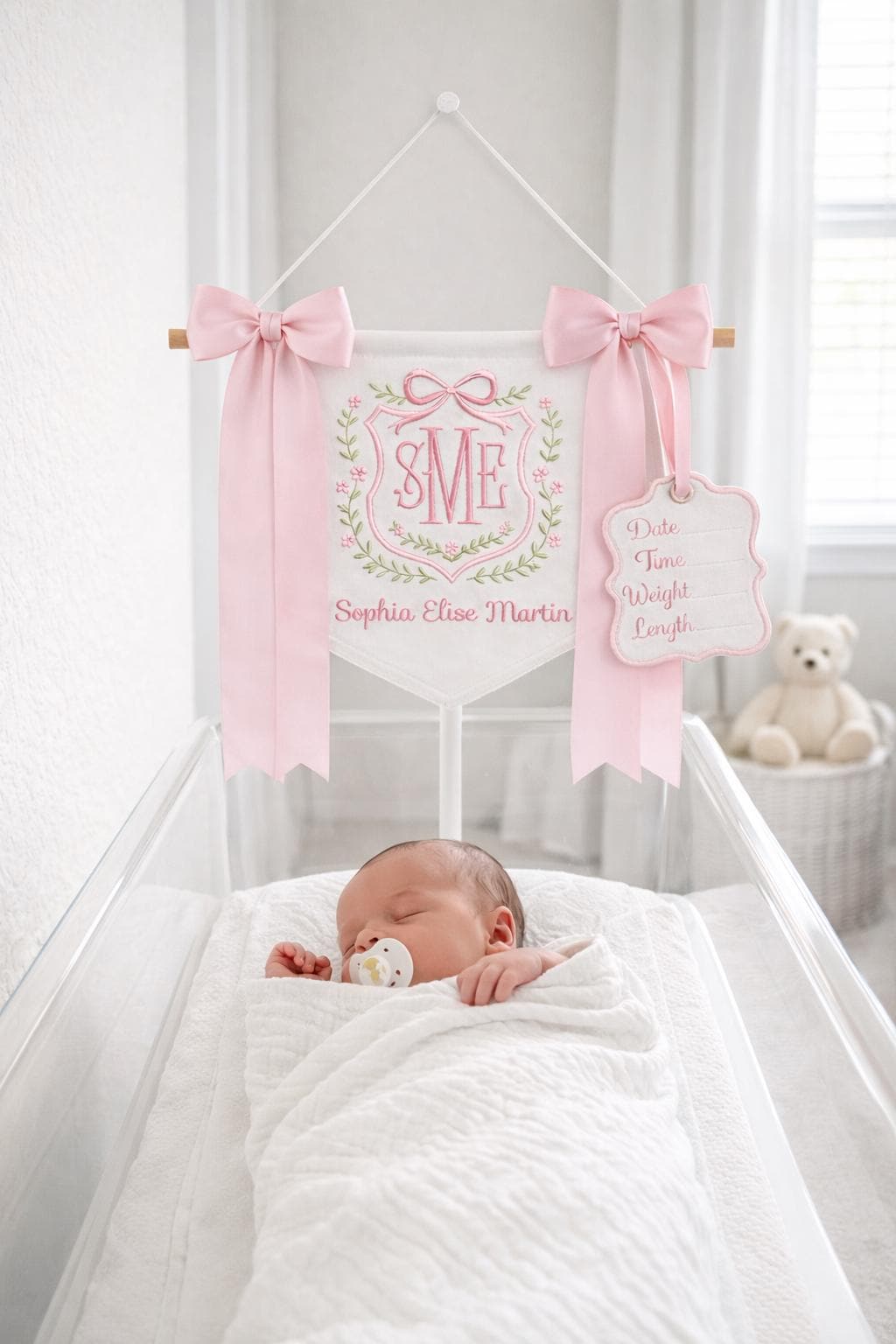 Personalized Baby Name Banner with Floral, Custom Nursery Crib Banner, Embroidered Baby Name Sign,Newborn Photo Prop Decor,Baby Shower Gift