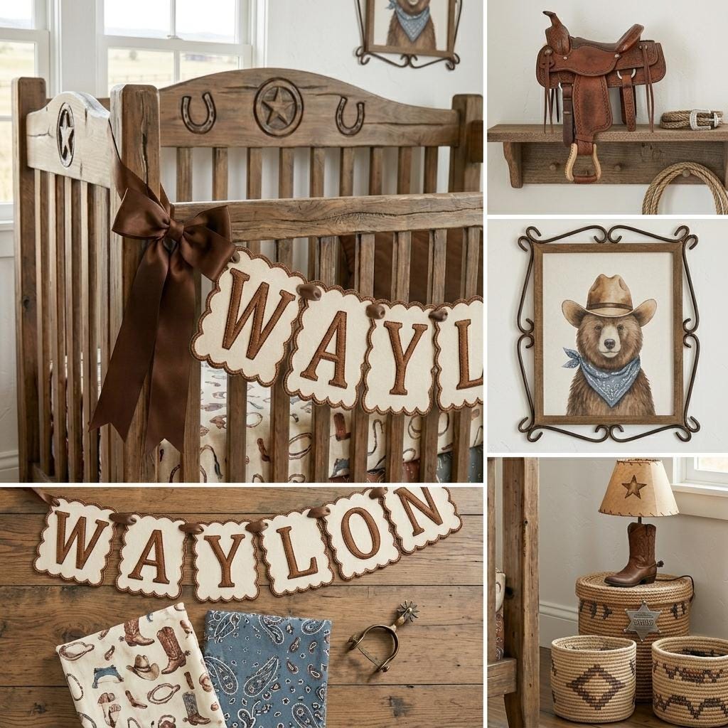 Cowboy Name Banner Embroidered, Personalized Western Scalloped Garland, Baby Boy Nursery Shower Decor