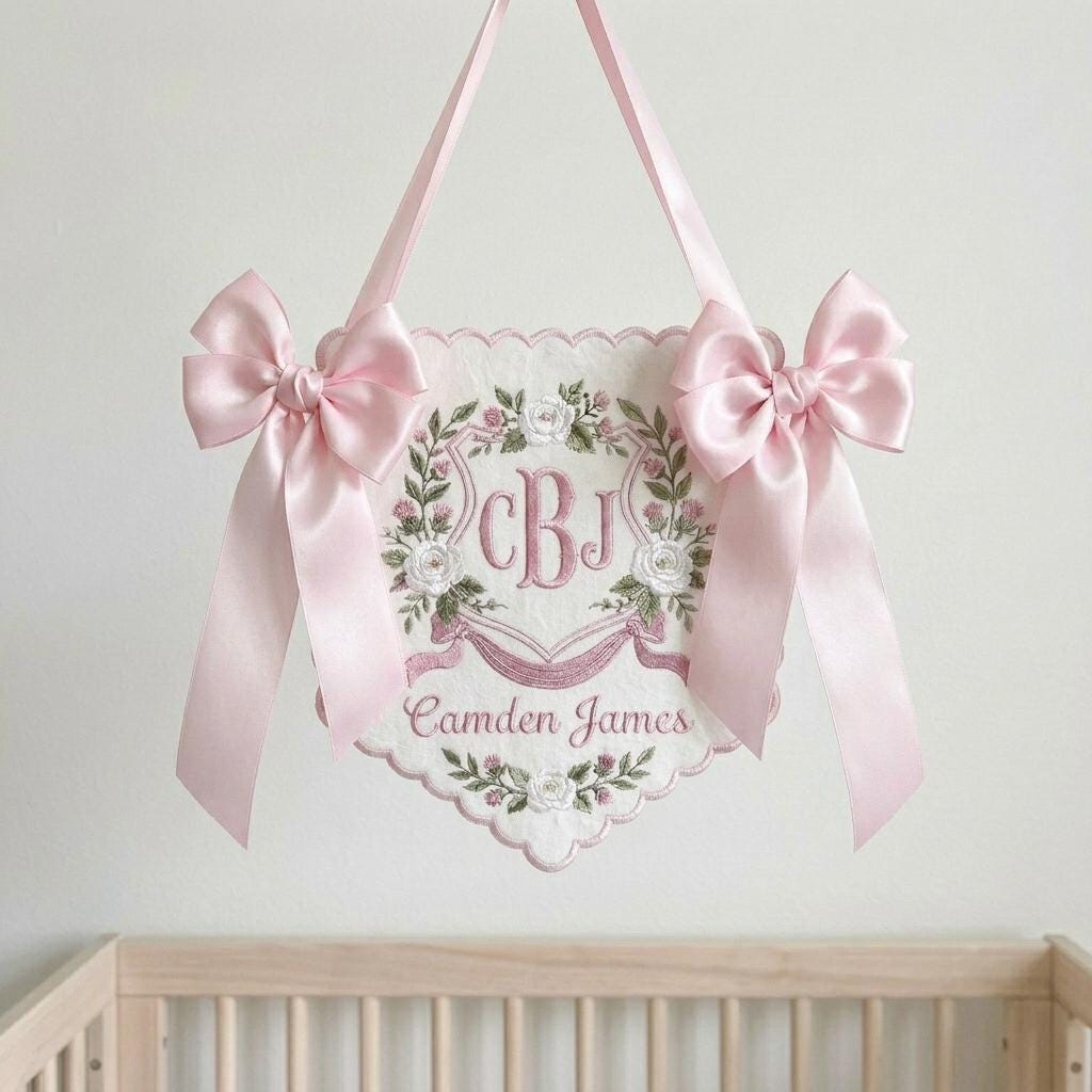 Personalized Floral Crest Name Sign, Embroidered Monogram Baby Plaque, Scalloped Nursery Bow Decor Gift
