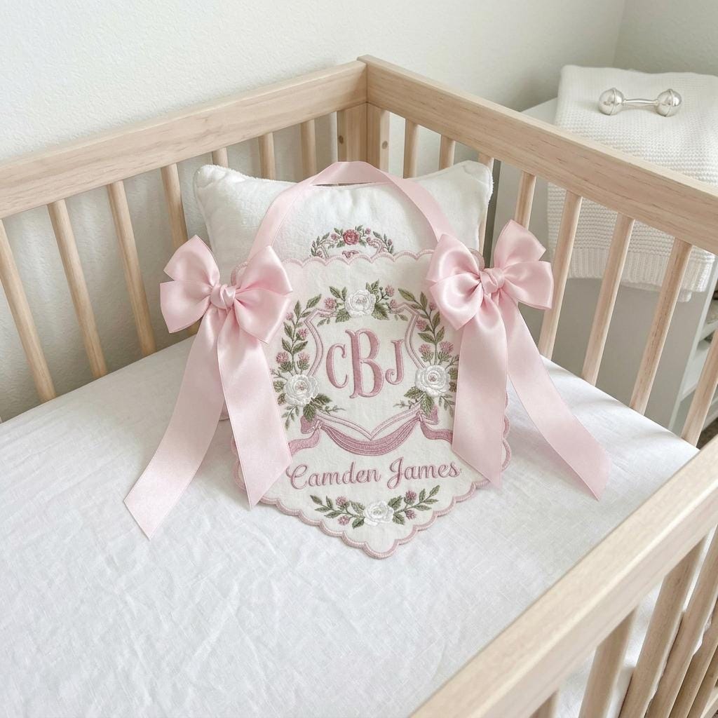 Floral Crest Baby Name Plaque, Personalized Monogram Embroidered Sign, Nursery Bow Keepsake Gift Decor,Baby Shower Gift