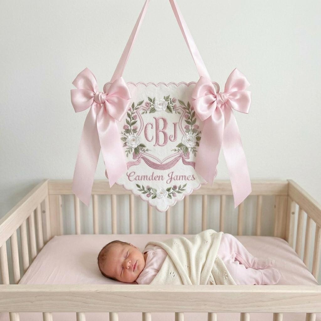 Personalized Floral Crest Name Sign, Embroidered Monogram Baby Plaque, Scalloped Nursery Bow Decor Gift