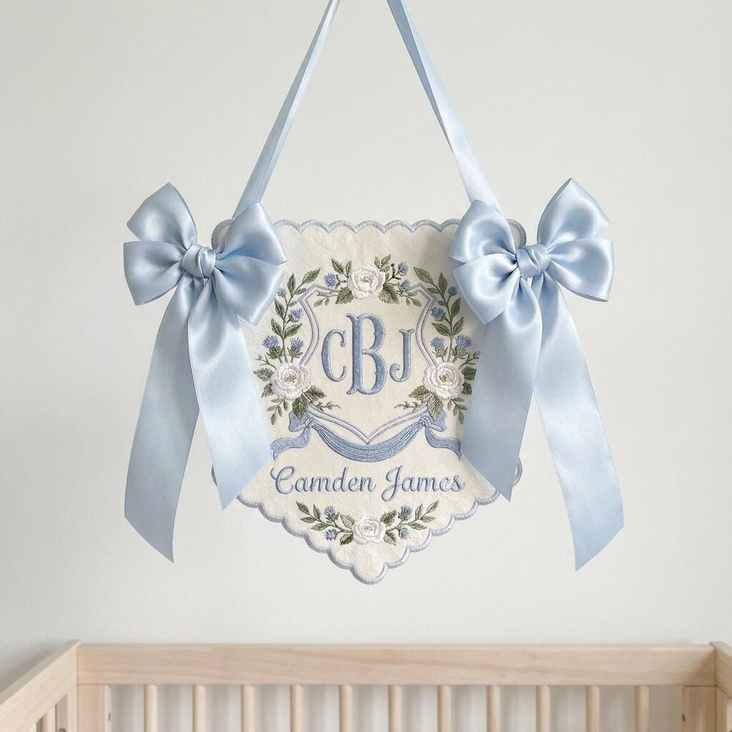 Personalized Floral Crest Name Sign, Embroidered Monogram Baby Plaque, Scalloped Nursery Bow Decor Gift