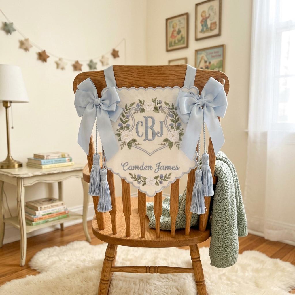 Embroidered Floral Crest Tassel Sign, Custom Monogram Baby Name Plaque, Hospital Door Newborn Keepsake