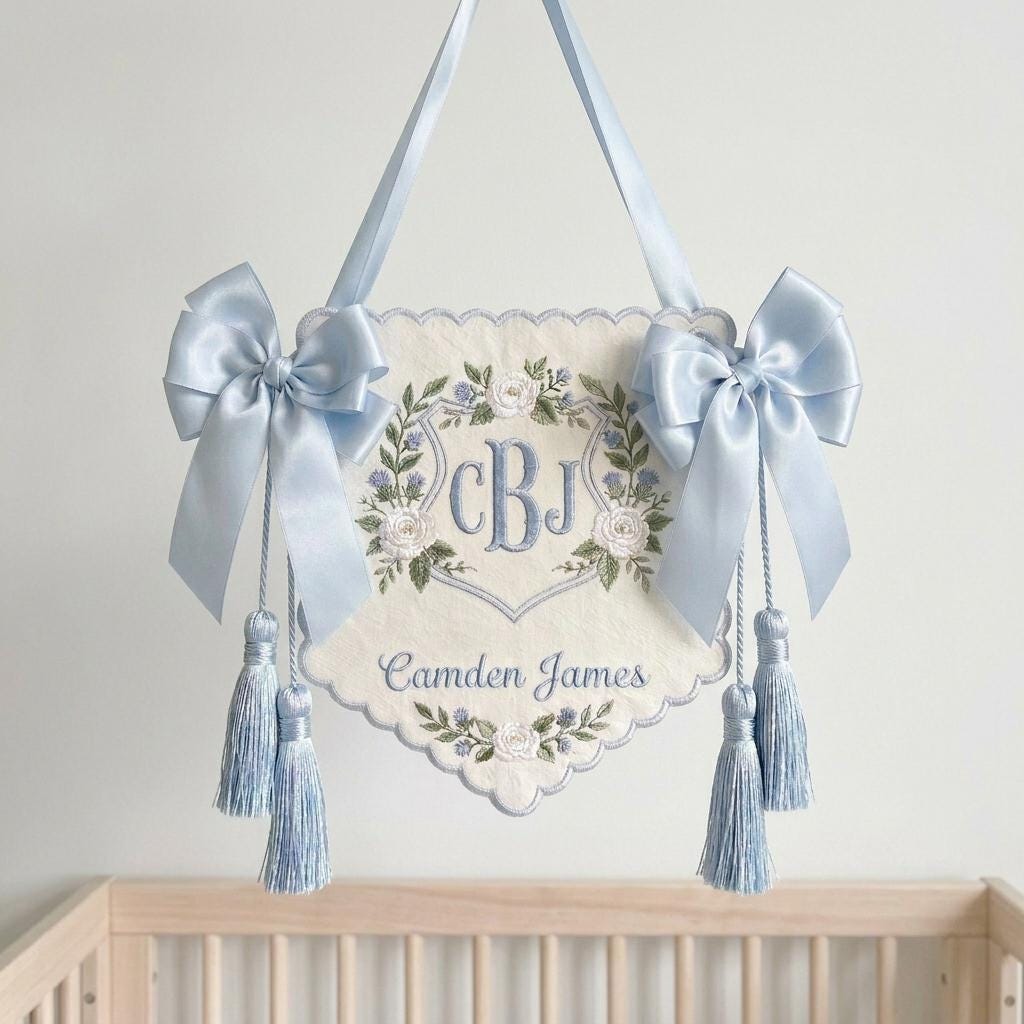 Embroidered Floral Crest Tassel Sign, Custom Monogram Baby Name Plaque, Hospital Door Newborn Keepsake