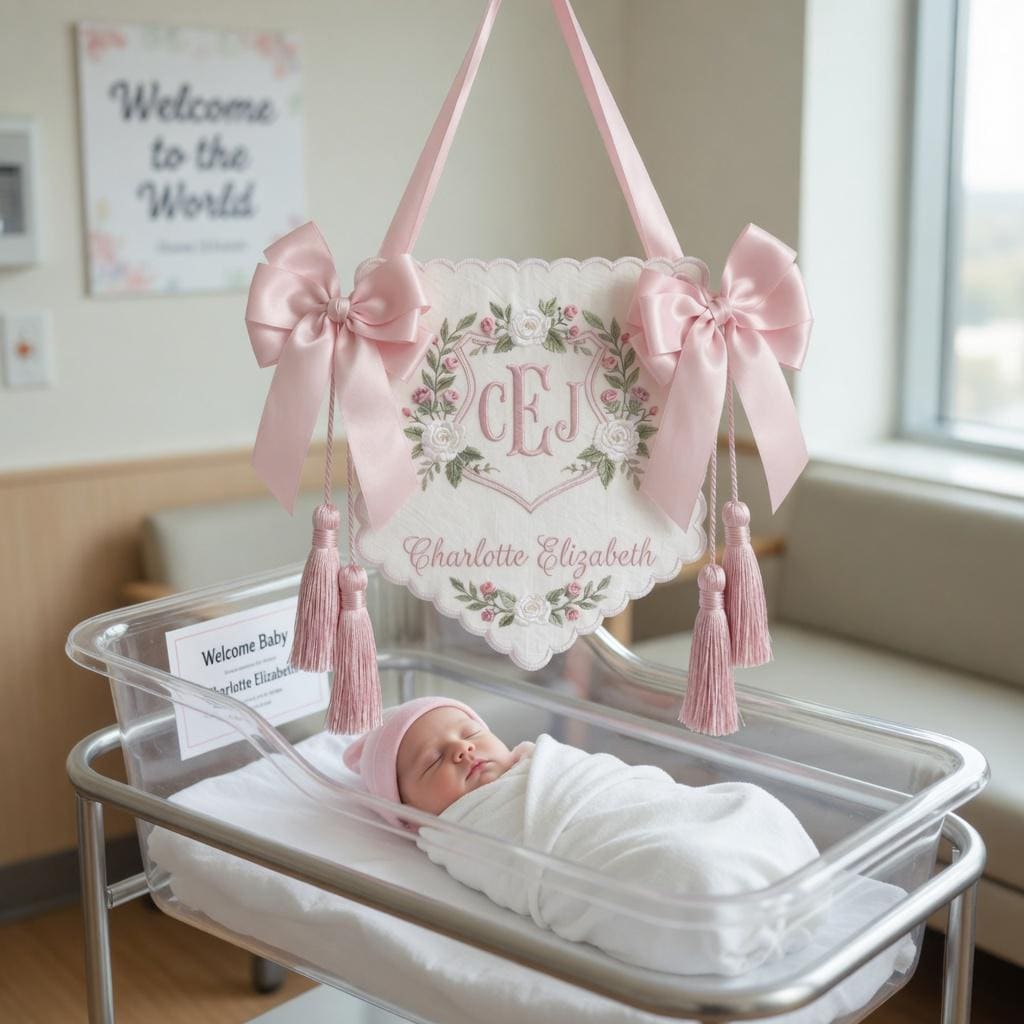 Embroidered Floral Crest Tassel Sign, Custom Monogram Baby Name Plaque, Hospital Door Newborn Keepsake