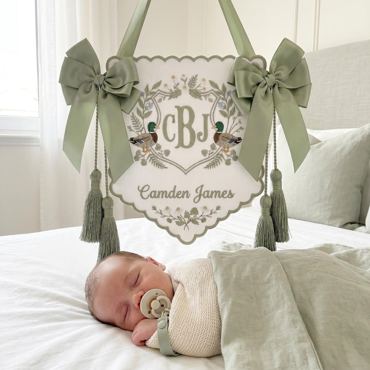 Embroidered Duck Crest Baby Sign, Custom Monogram Sage Tassel Plaque, Newborn Nursery Keepsake Gift