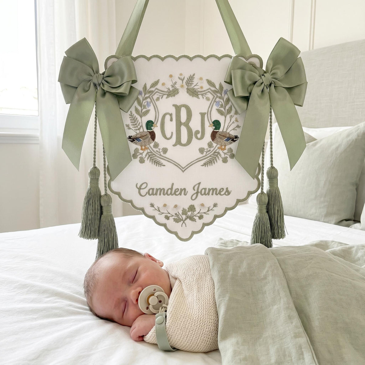 Personalized Duck Crest Name Plaque, Embroidered Monogram Sage Baby Sign, Newborn Nursery Keepsake Decor