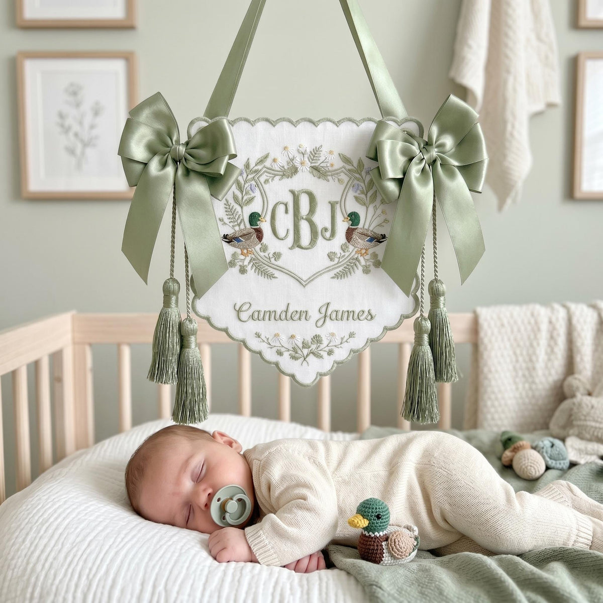 Embroidered Duck Crest Baby Sign, Custom Monogram Sage Tassel Plaque, Newborn Nursery Keepsake Gift
