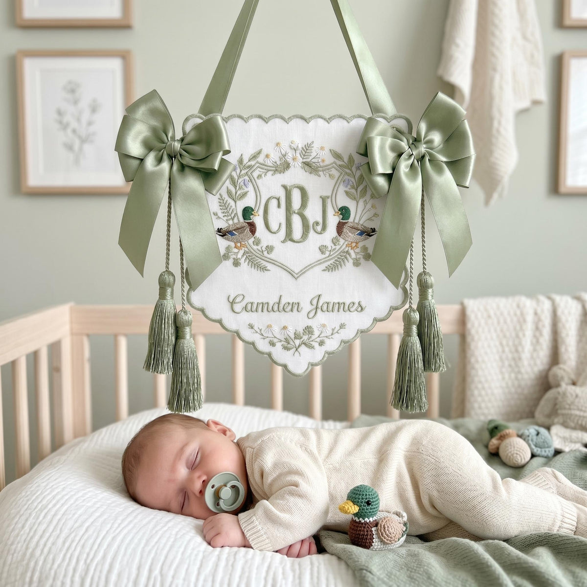 Personalized Duck Crest Name Plaque, Embroidered Monogram Sage Baby Sign, Newborn Nursery Keepsake Decor