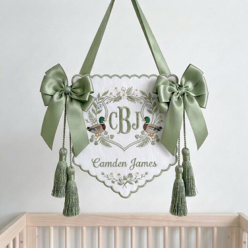Personalized Duck Crest Name Plaque, Embroidered Monogram Sage Baby Sign, Newborn Nursery Keepsake Decor