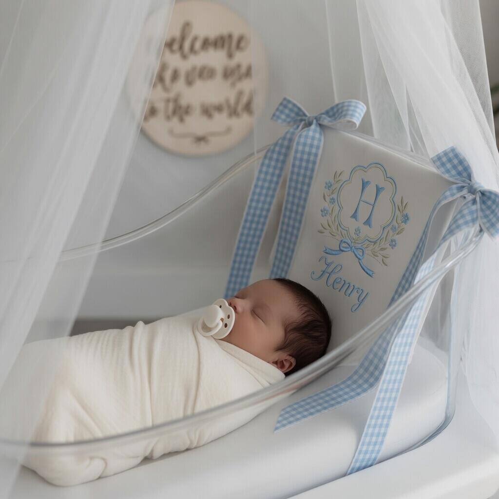 Floral Crest Gingham Baby Sign, Personalized Monogram Embroidered Plaque, Newborn Hospital Nursery Gift
