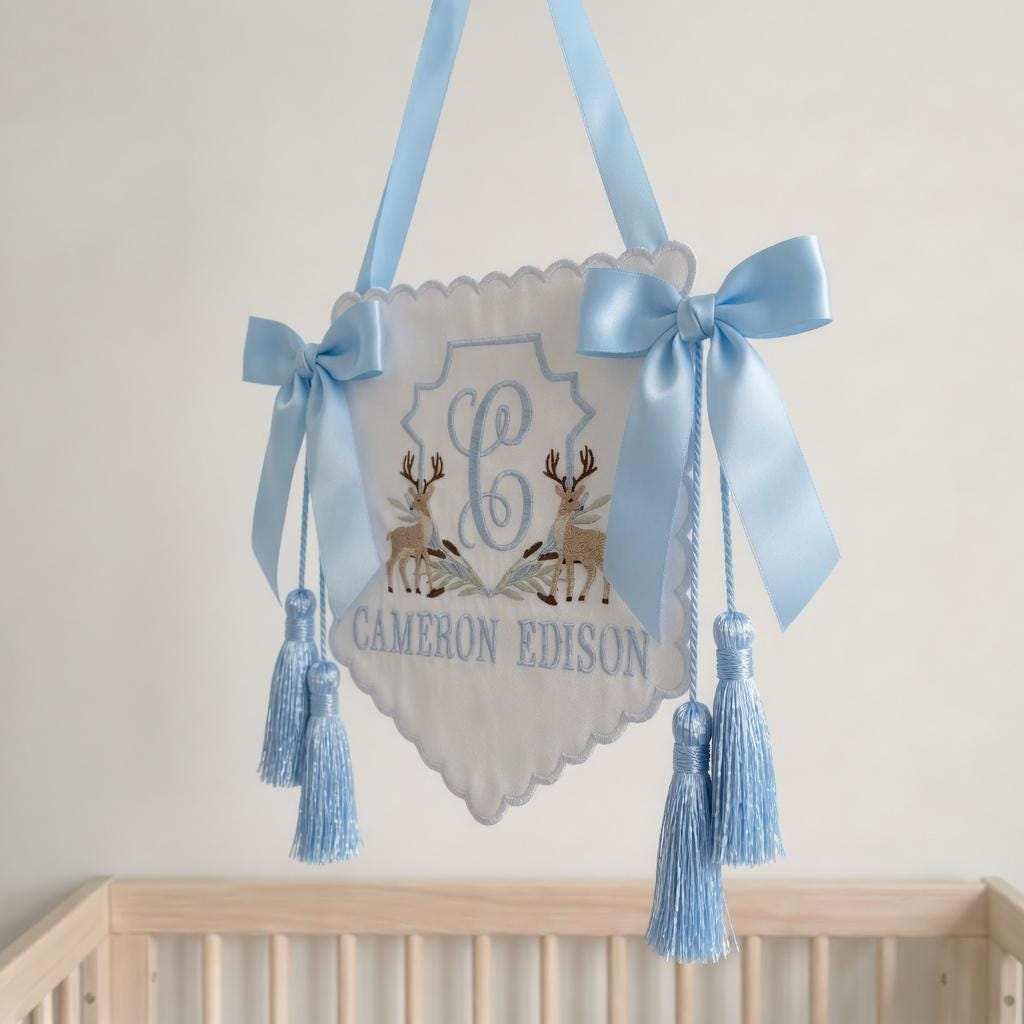 Deer Crest Monogram Baby Sign, Deer Baby Banner, Personalized Embroidered Scalloped Plaque, Blue Tassel Nursery Gift