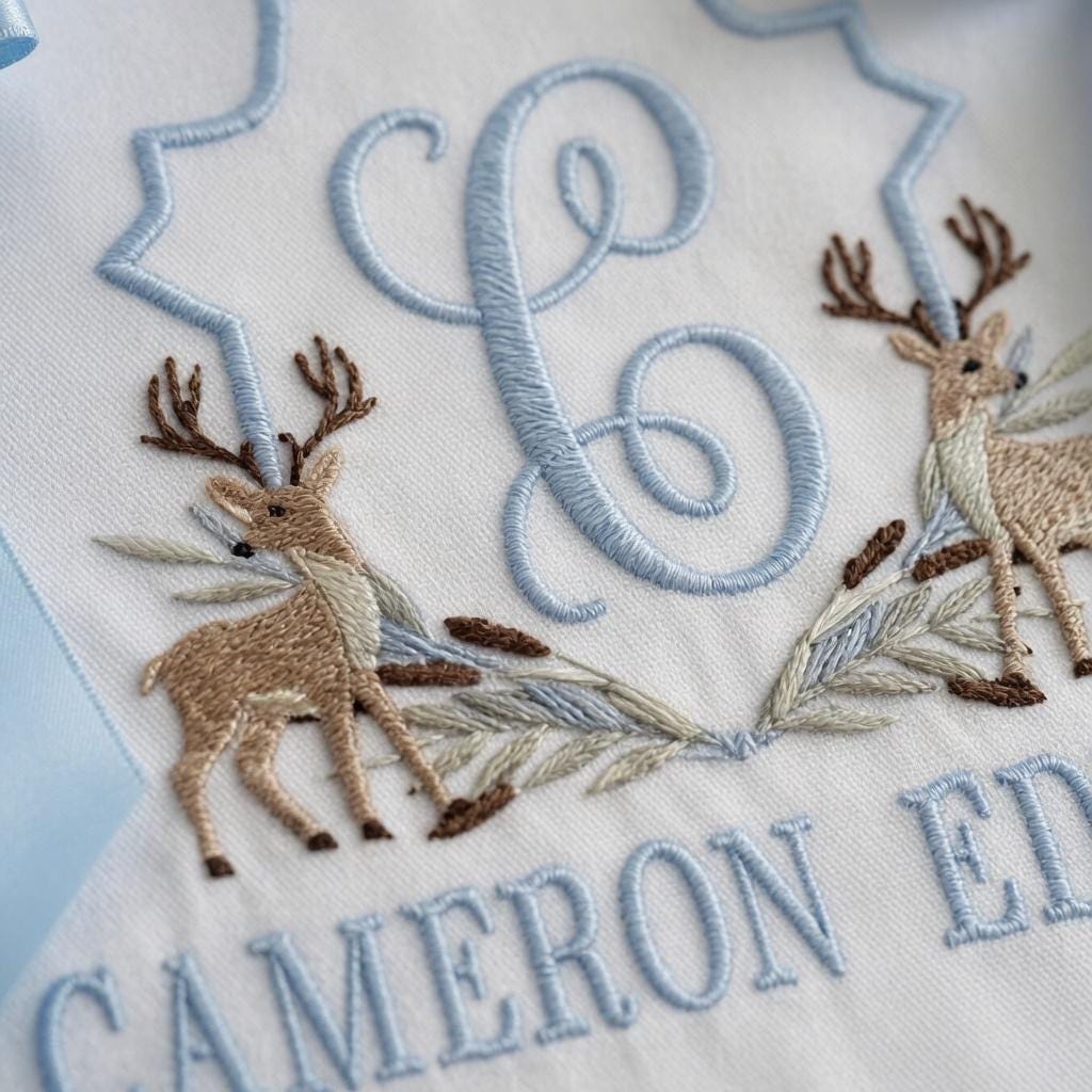 Deer Crest Monogram Baby Sign, Deer Baby Banner, Personalized Embroidered Scalloped Plaque, Blue Tassel Nursery Gift
