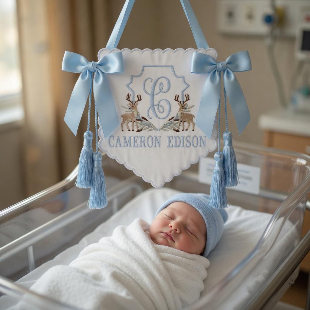 Deer Crest Monogram Baby Sign, Deer Baby Banner, Personalized Embroidered Scalloped Plaque, Blue Tassel Nursery Gift