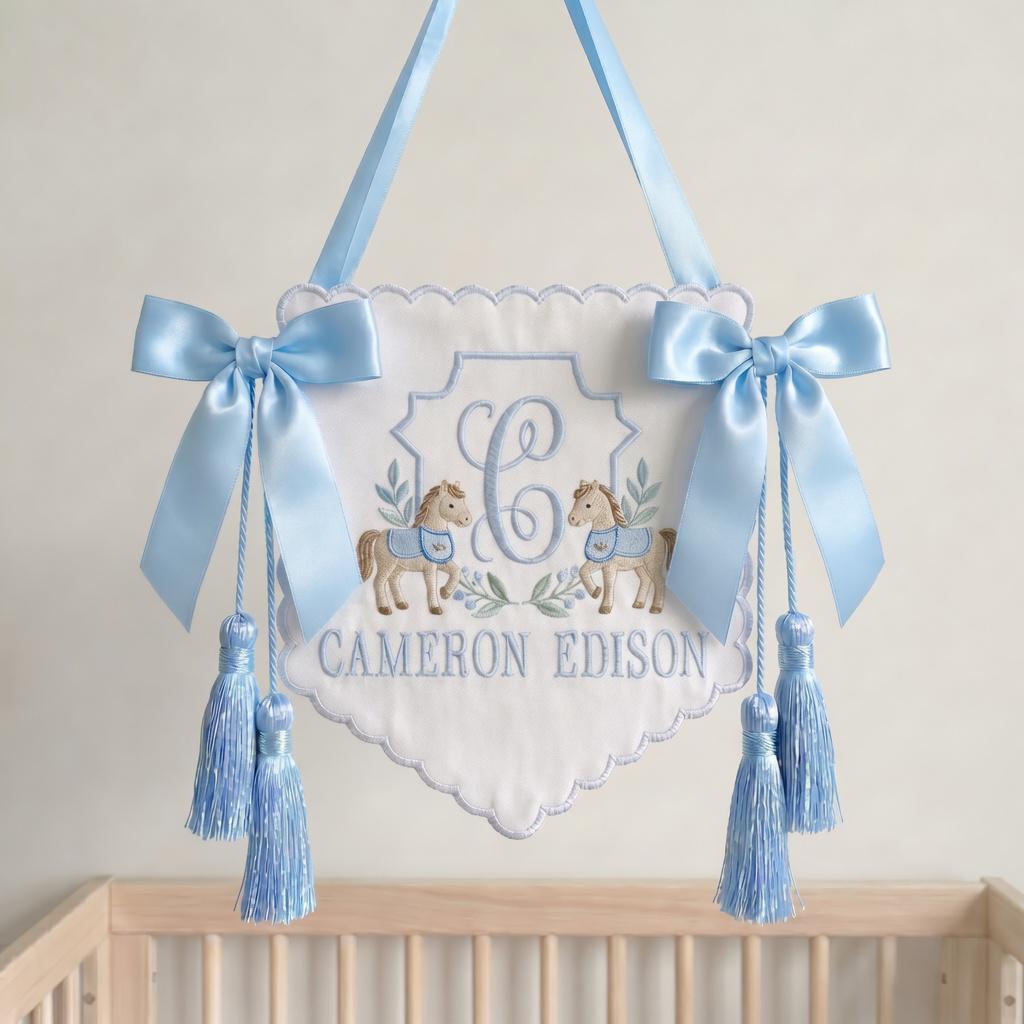 Embroidered Deer Crest Baby Banner, Personalized Name Nursery Decor, Hospital Door Sign