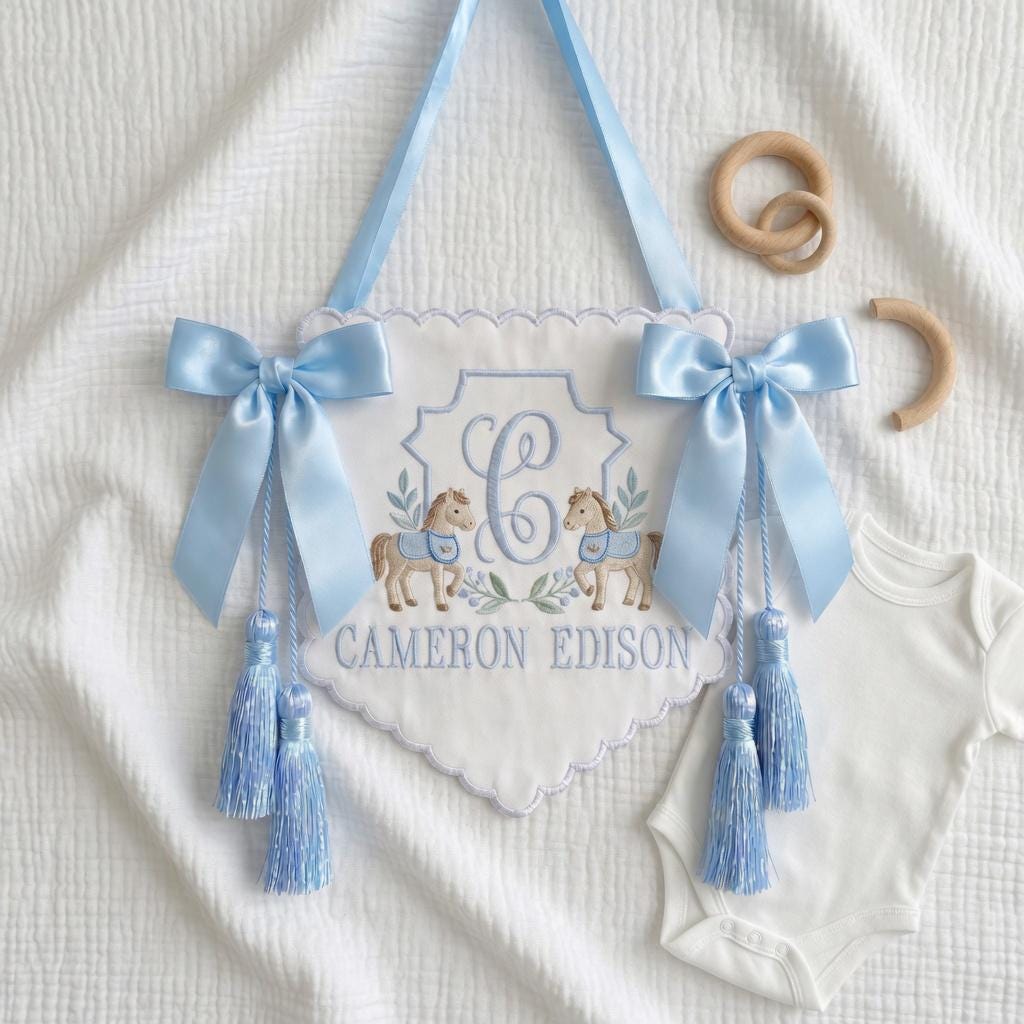 Embroidered Deer Crest Baby Banner, Personalized Name Nursery Decor, Hospital Door Sign