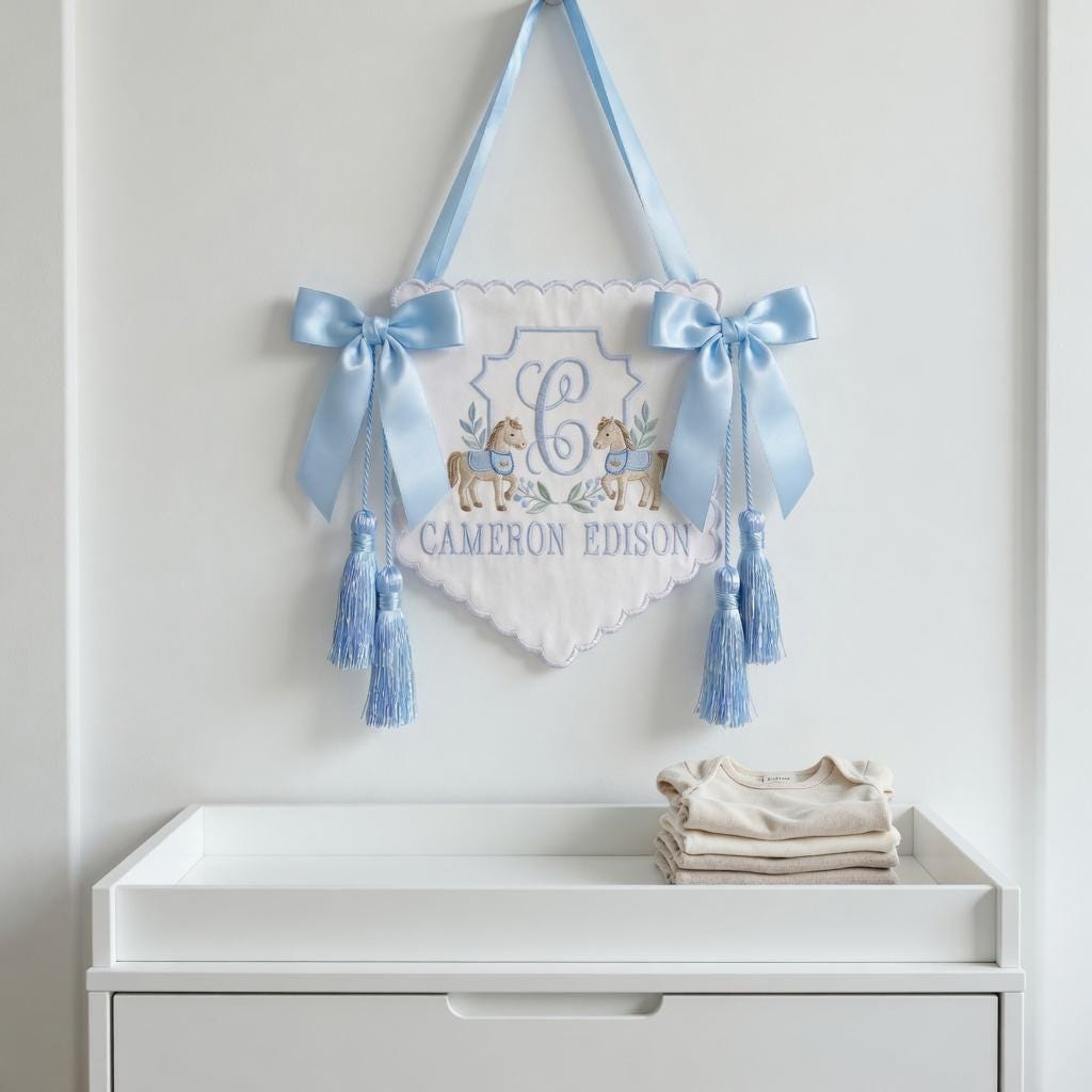 Embroidered Deer Crest Baby Banner, Personalized Name Nursery Decor, Hospital Door Sign