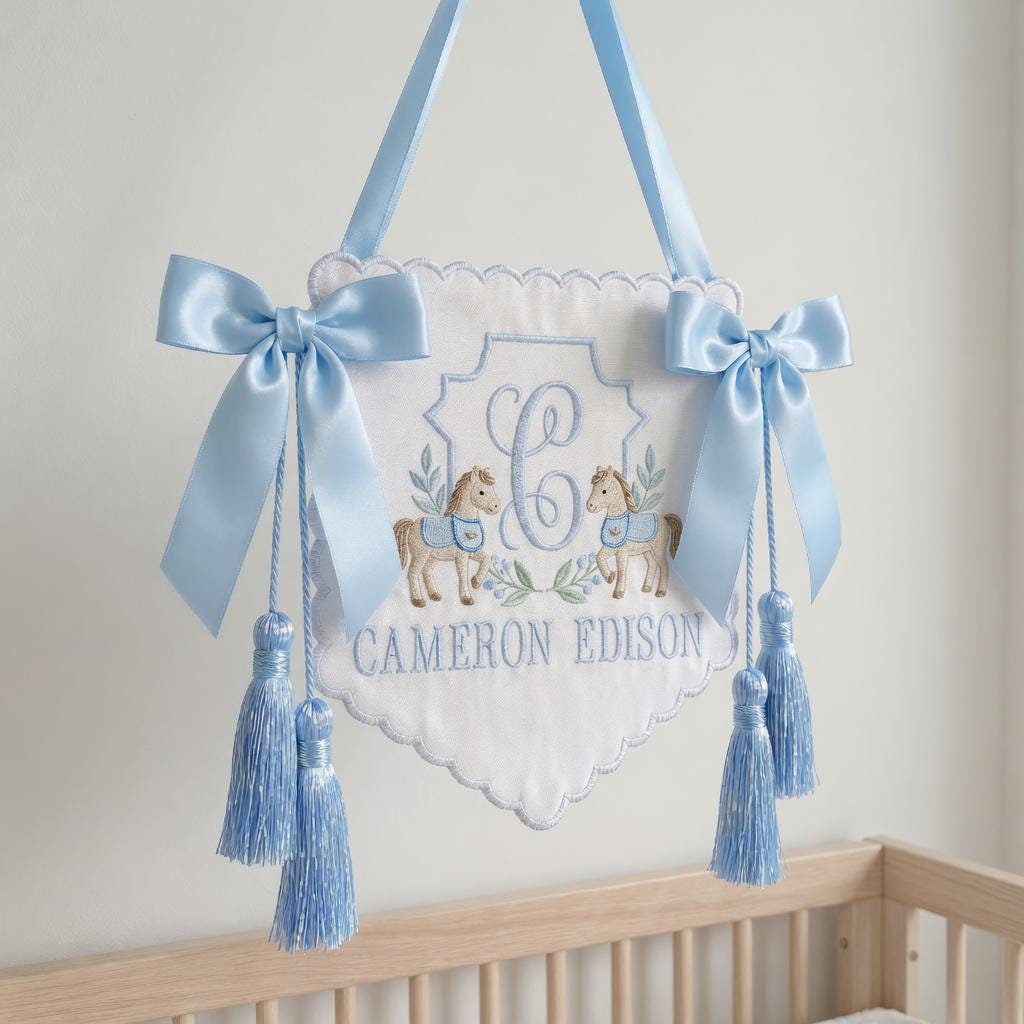 Embroidered Deer Crest Baby Banner, Personalized Name Nursery Decor, Hospital Door Sign