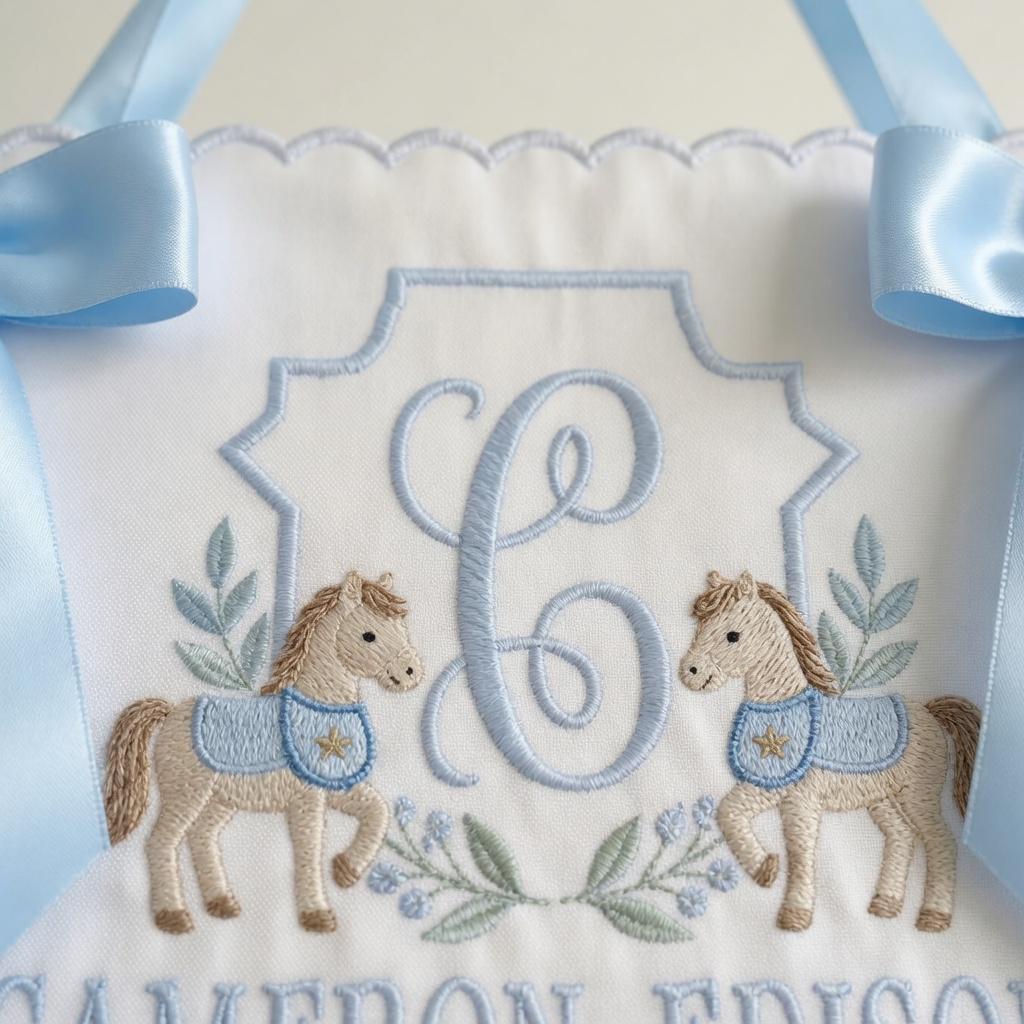 Embroidered Deer Crest Baby Banner, Personalized Name Nursery Decor, Hospital Door Sign
