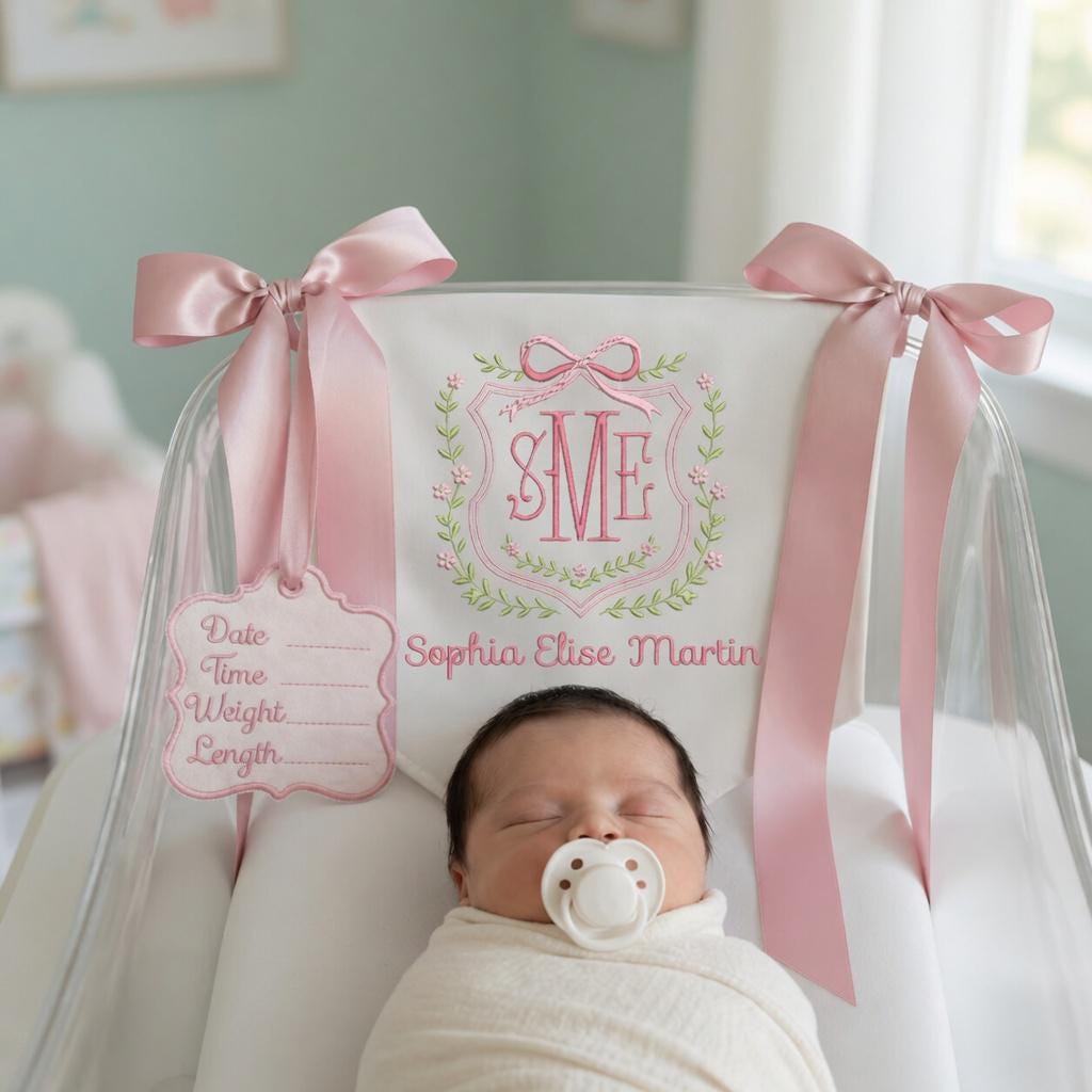 Personalized Baby Welcome Banner, Custom Birth Name Tag, Embroidered Name, Floral Wreath, Satin Bows, Hospital Door Sign