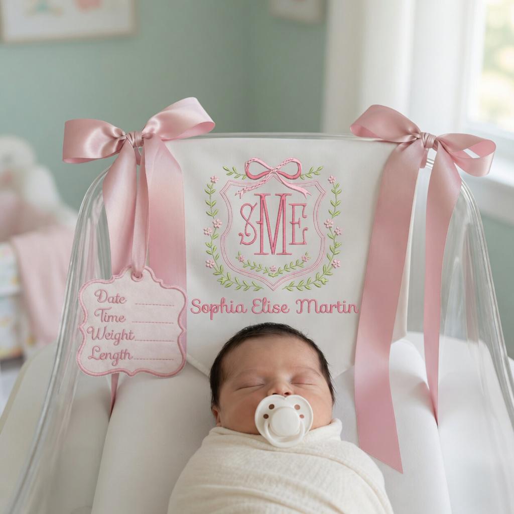 Custom Baby Banner with Birth Name Tag, Welcome Banner with Floral Crest, Bows Baby Banner, Hospital Door Sign, Baby Shower Gifts