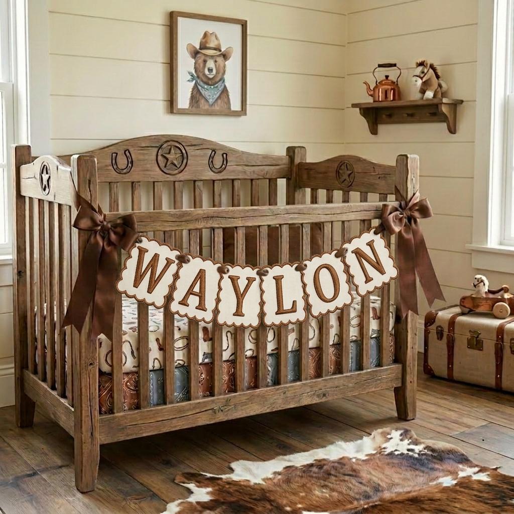 Cowboy Name Banner Embroidered, Personalized Western Scalloped Garland, Baby Boy Nursery Shower Decor