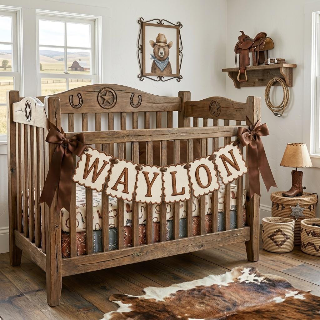 Cowboy Name Banner Embroidered, Personalized Western Scalloped Garland, Baby Boy Nursery Shower Decor