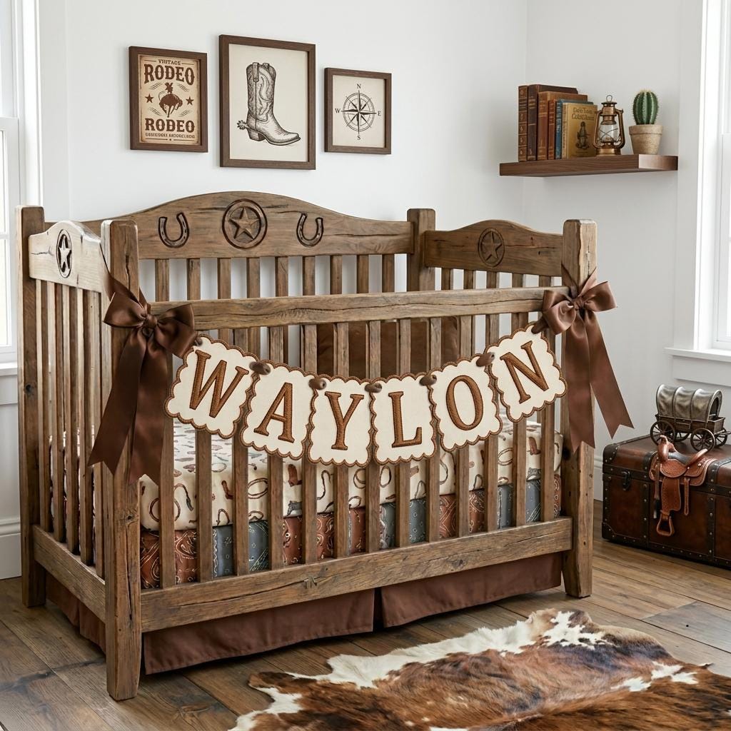 Cowboy Name Banner Embroidered, Personalized Western Scalloped Garland, Baby Boy Nursery Shower Decor