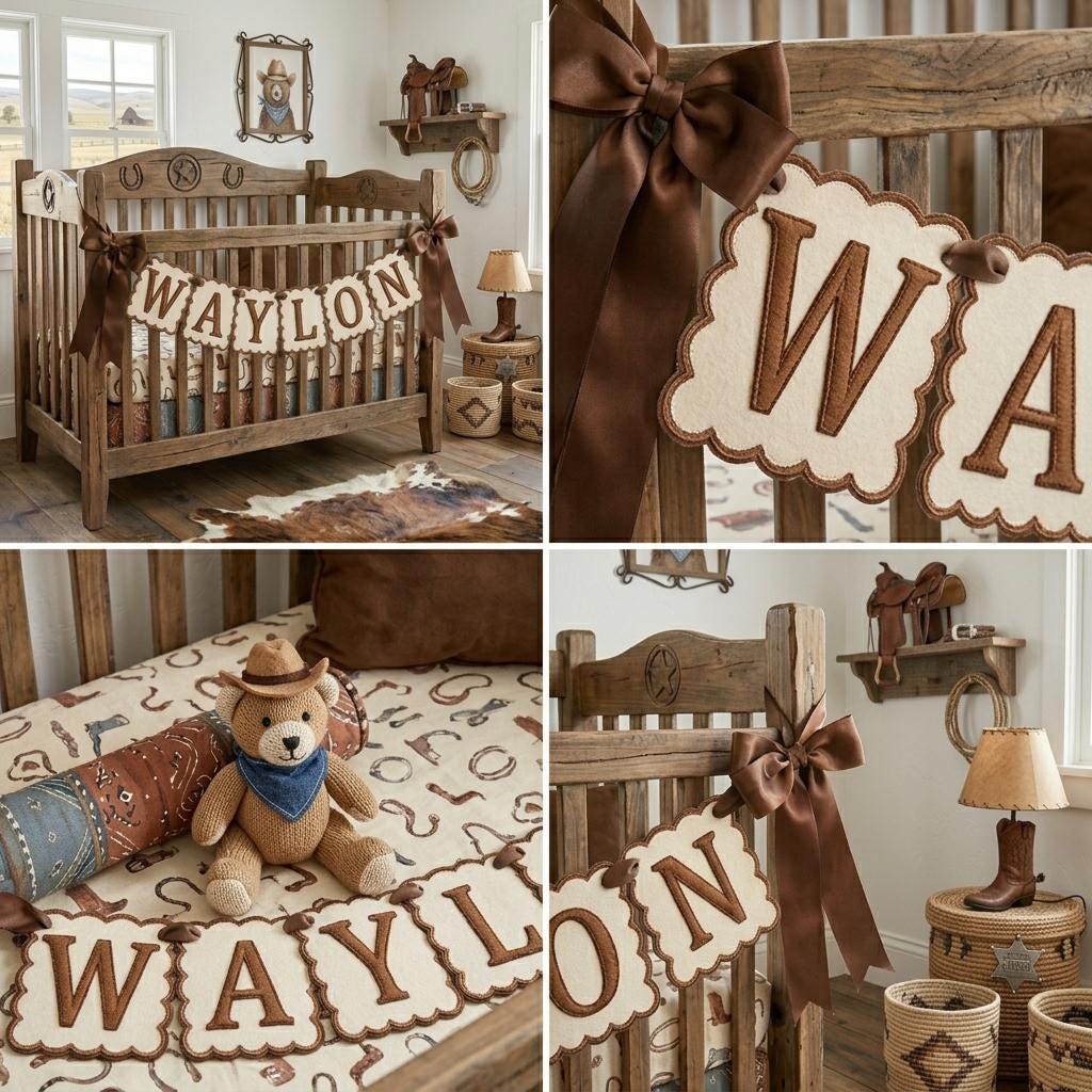 Cowboy Name Banner Embroidered, Personalized Western Scalloped Garland, Baby Boy Nursery Shower Decor