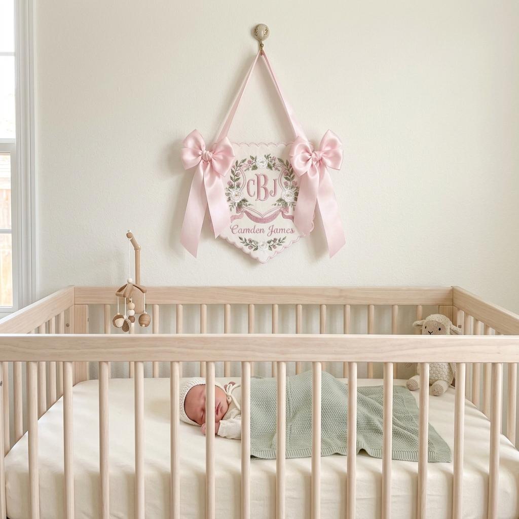 Floral Crest Baby Name Plaque, Personalized Monogram Embroidered Sign, Nursery Bow Keepsake Gift Decor,Baby Shower Gift