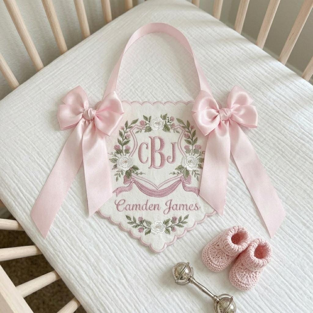 Personalized Floral Crest Name Sign, Embroidered Monogram Baby Plaque, Scalloped Nursery Bow Decor Gift