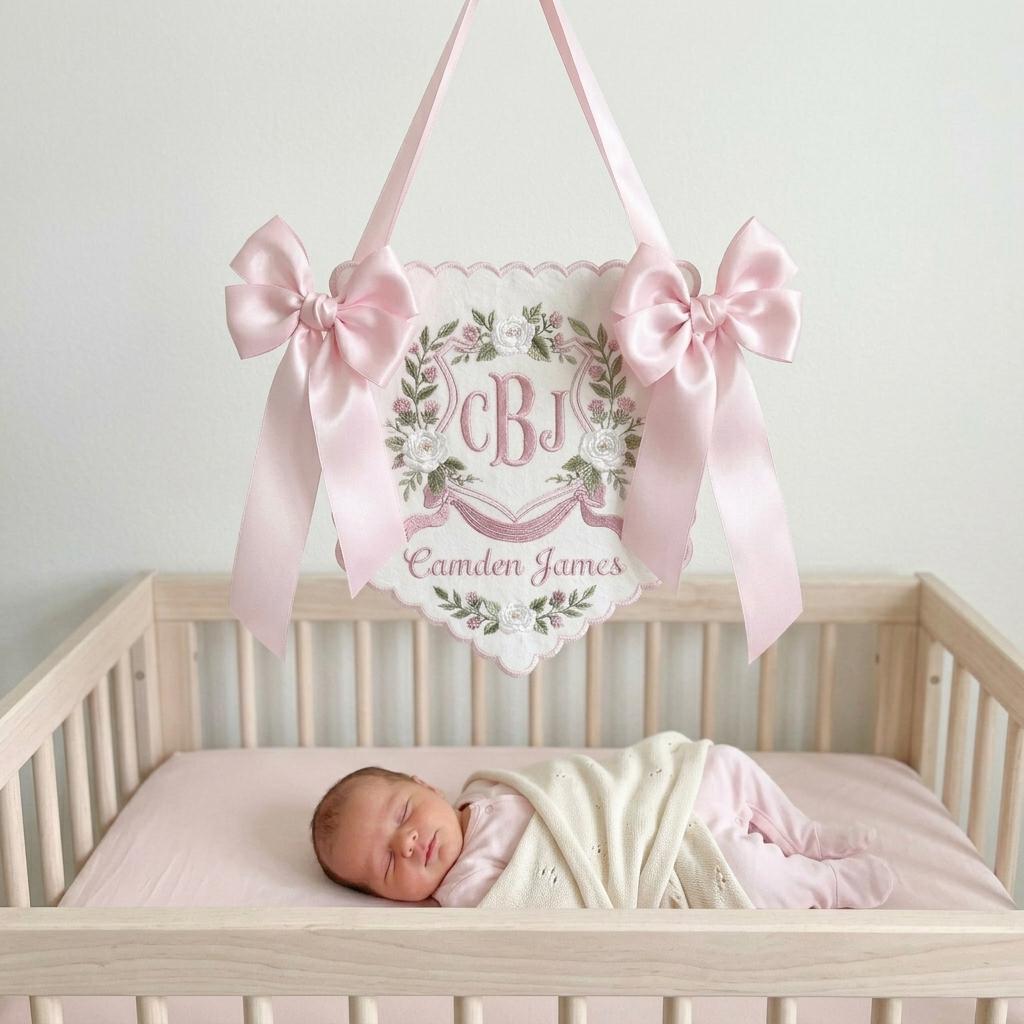 Floral Crest Baby Name Plaque, Personalized Monogram Embroidered Sign, Nursery Bow Keepsake Gift Decor,Baby Shower Gift