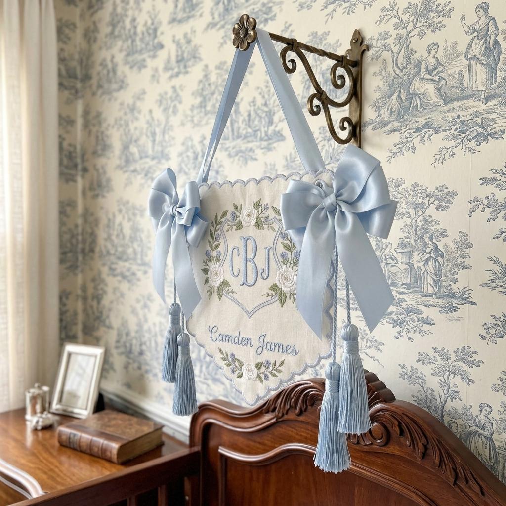 Embroidered Floral Crest Baby Banner, Personalized Monogram Hospital Door Decor