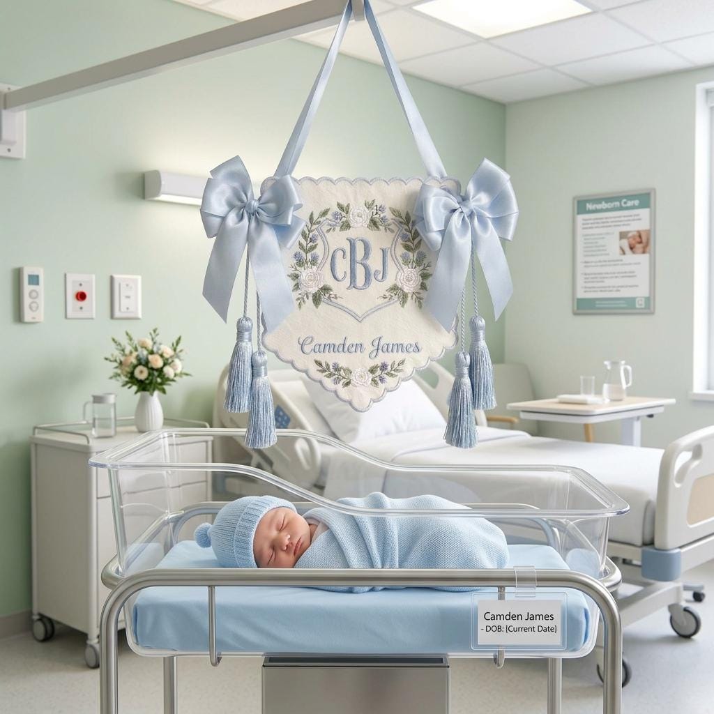 Embroidered Floral Crest Baby Banner, Personalized Monogram Hospital Door Decor