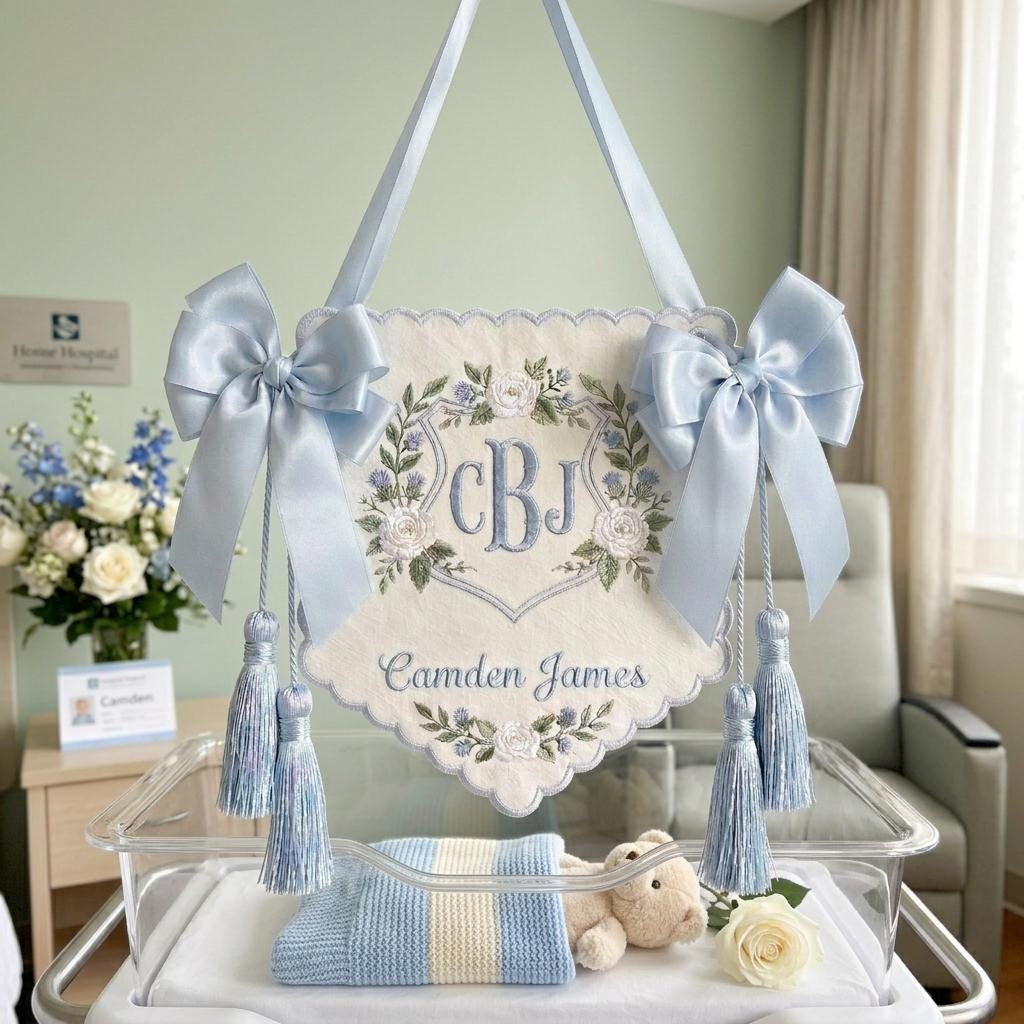 Embroidered Floral Crest Tassel Sign, Custom Monogram Baby Name Plaque, Hospital Door Newborn Keepsake